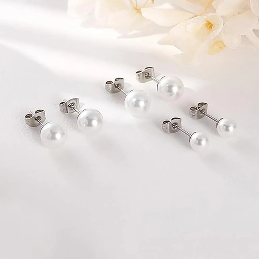 Visxcnu 5 Paia di Orecchini a Lobo con Perle in Argento 925 e Acciaio Inossidabile, Anallergici, Bianche - immagine 5