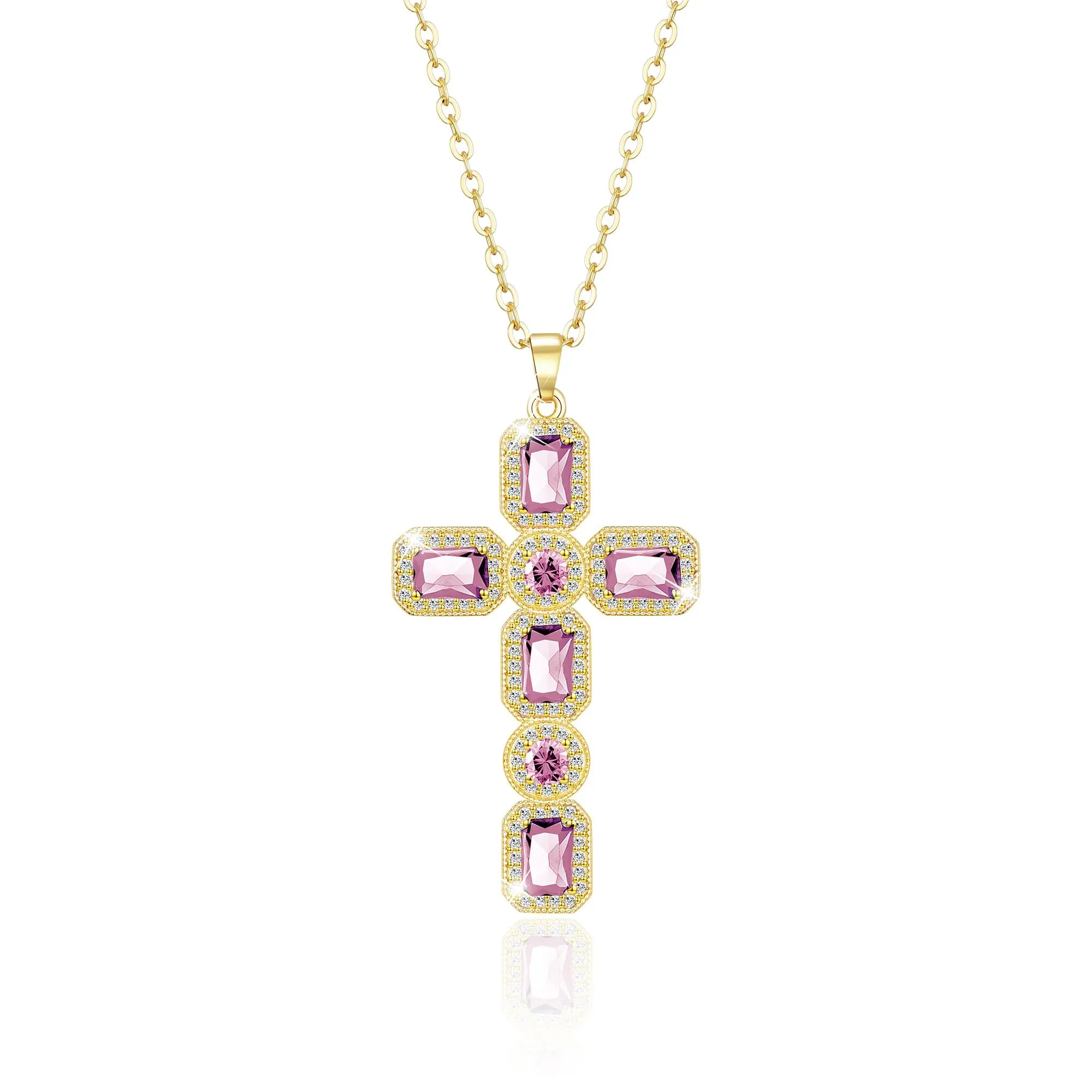 Linawe Collana a croce rosa con catenina placcata in oro 14k e zirconi, da donna - immagine 1