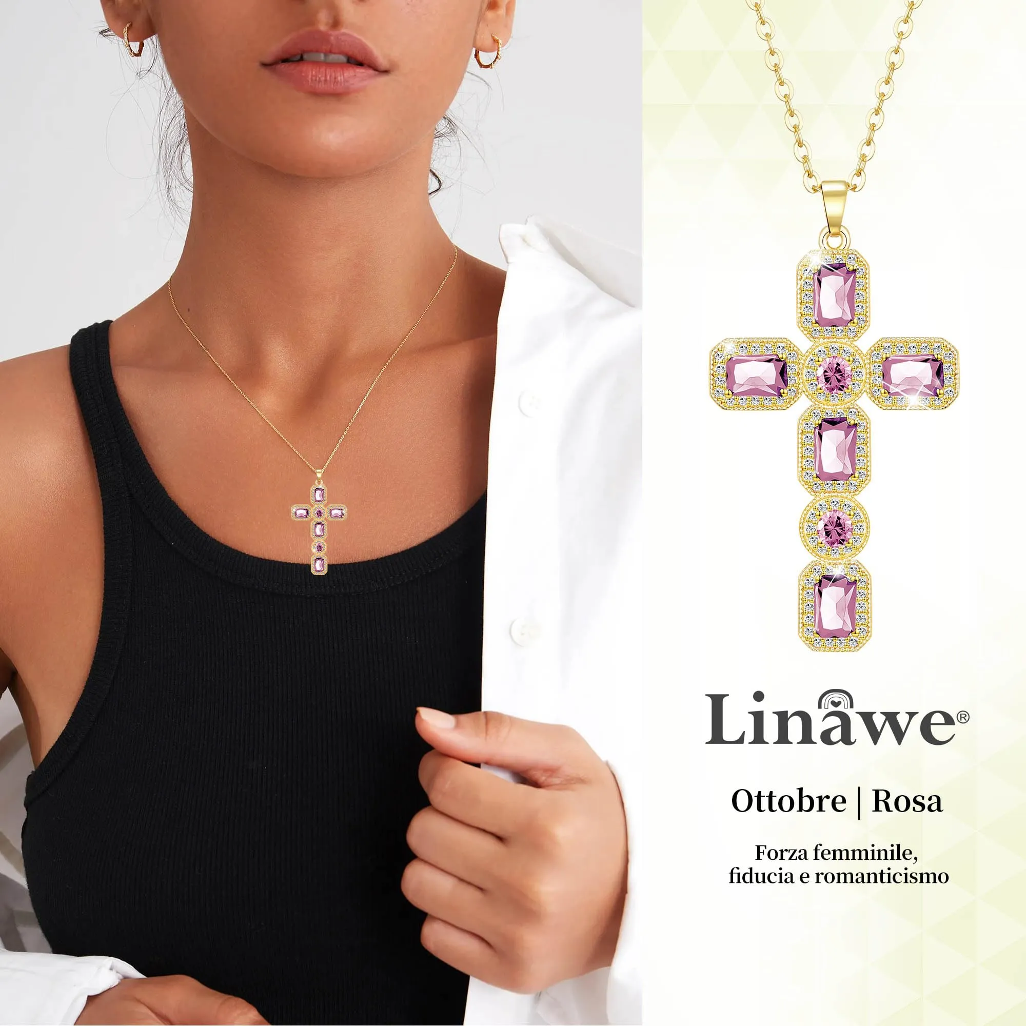 Linawe Collana a croce rosa con catenina placcata in oro 14k e zirconi, da donna - immagine 2