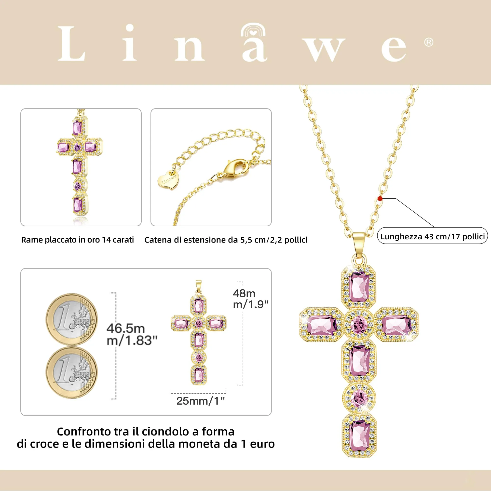 Linawe Collana a croce rosa con catenina placcata in oro 14k e zirconi, da donna - immagine 4