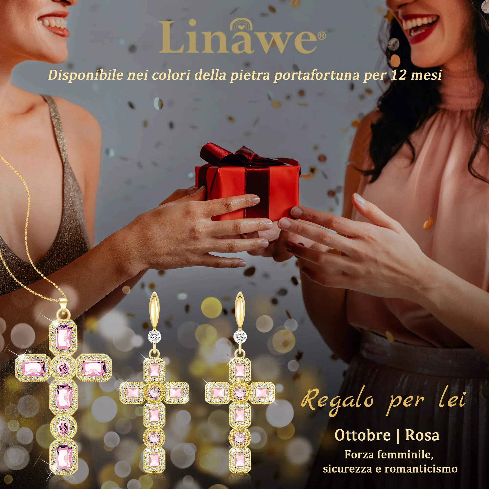 Linawe Collana a croce rosa con catenina placcata in oro 14k e zirconi, da donna - immagine 5