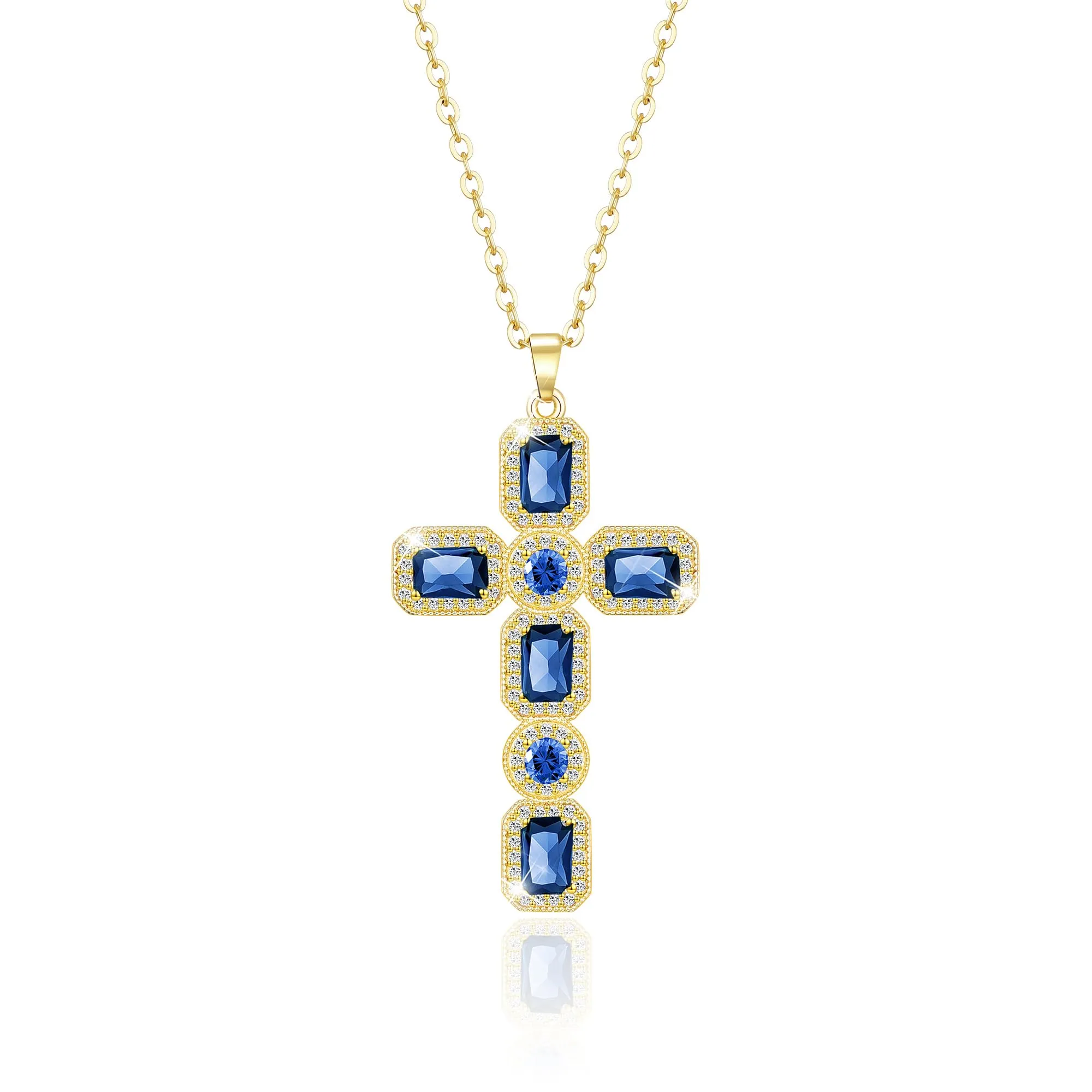 Linawe Collana con pendente a croce in oro 14k placcato, zaffiro blu e zirconi - immagine 1