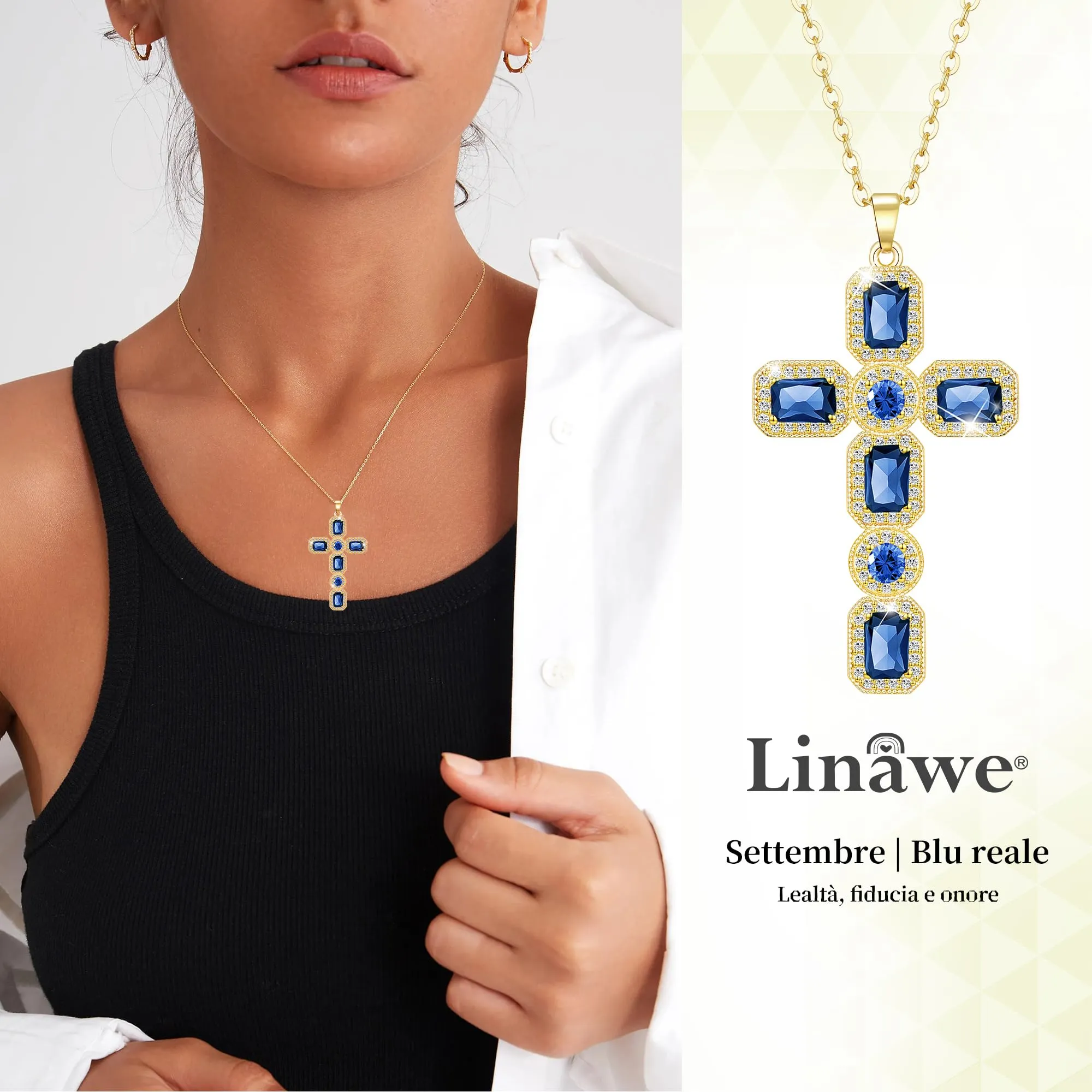 Linawe Collana con pendente a croce in oro 14k placcato, zaffiro blu e zirconi - immagine 2