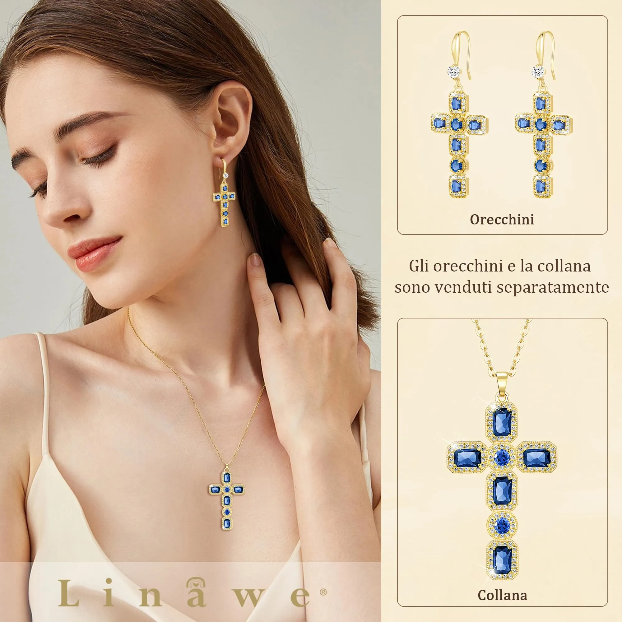 Linawe Collana con pendente a croce in oro 14k placcato, zaffiro blu e zirconi - immagine 3