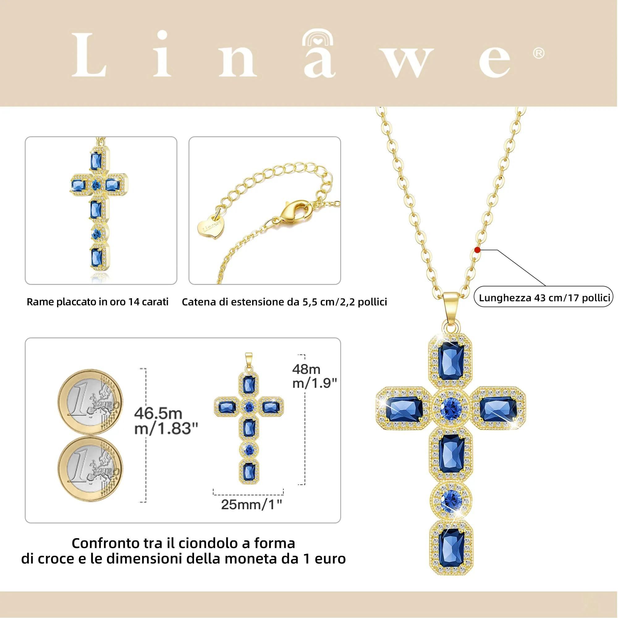 Linawe Collana con pendente a croce in oro 14k placcato, zaffiro blu e zirconi - immagine 4