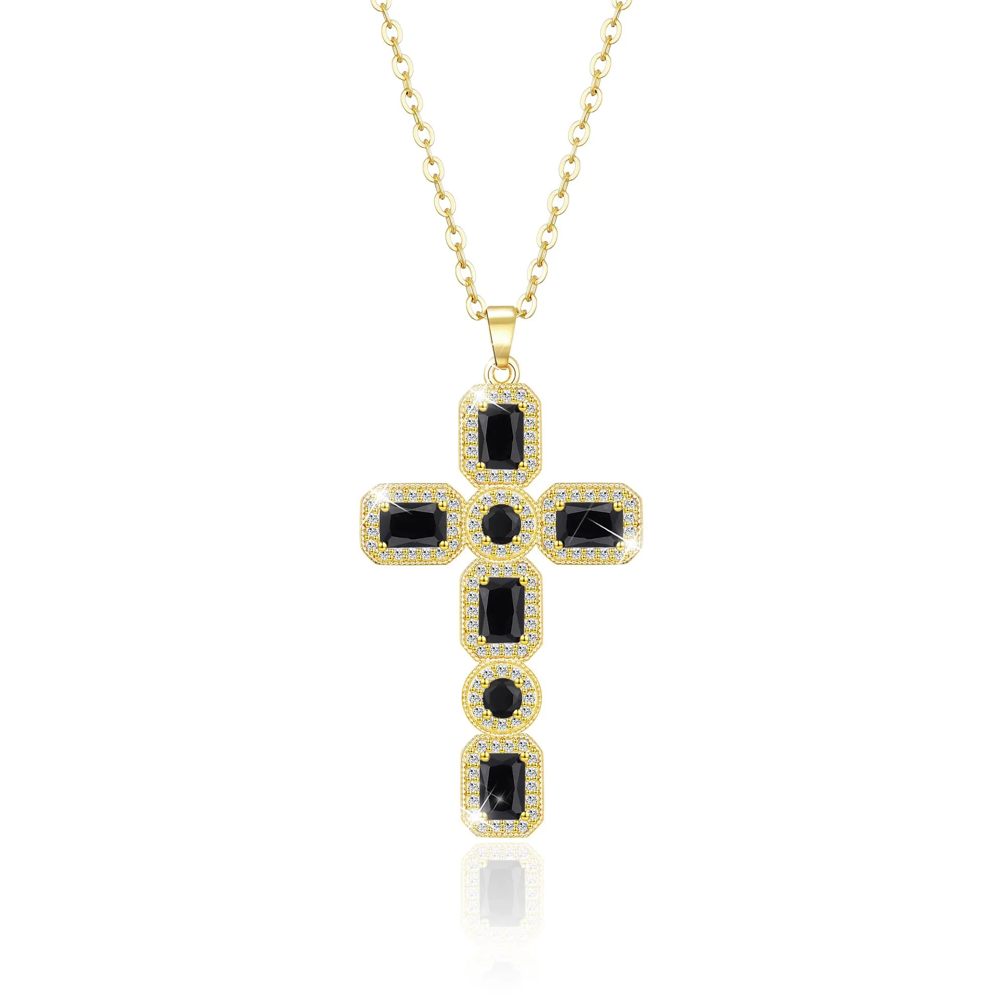 Linawe Collana a croce da donna, catena placcata in oro 14k con ciondolo in cristallo e zirconi, nero e oro giallo - immagine 1