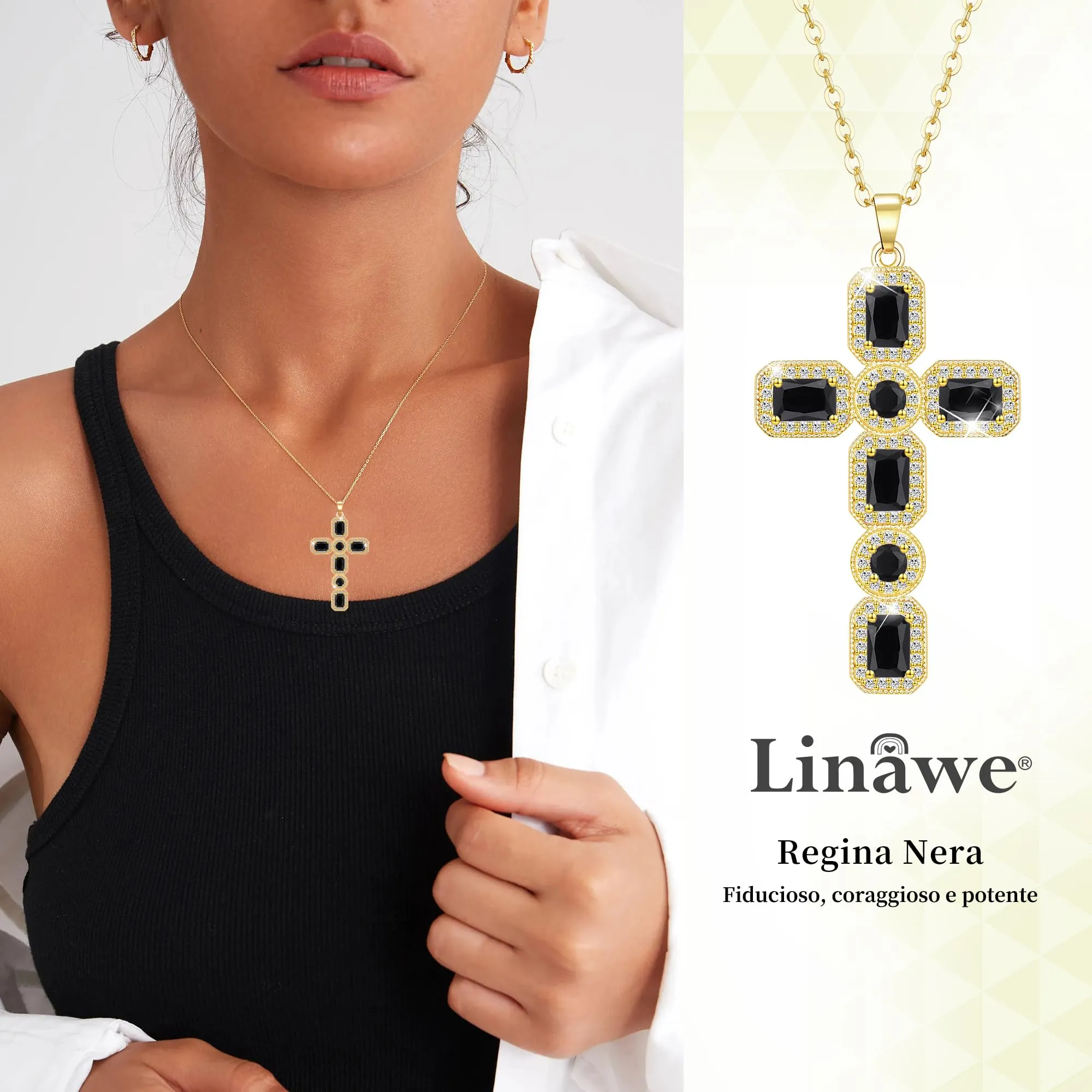 Linawe Collana a croce da donna, catena placcata in oro 14k con ciondolo in cristallo e zirconi, nero e oro giallo - immagine 2