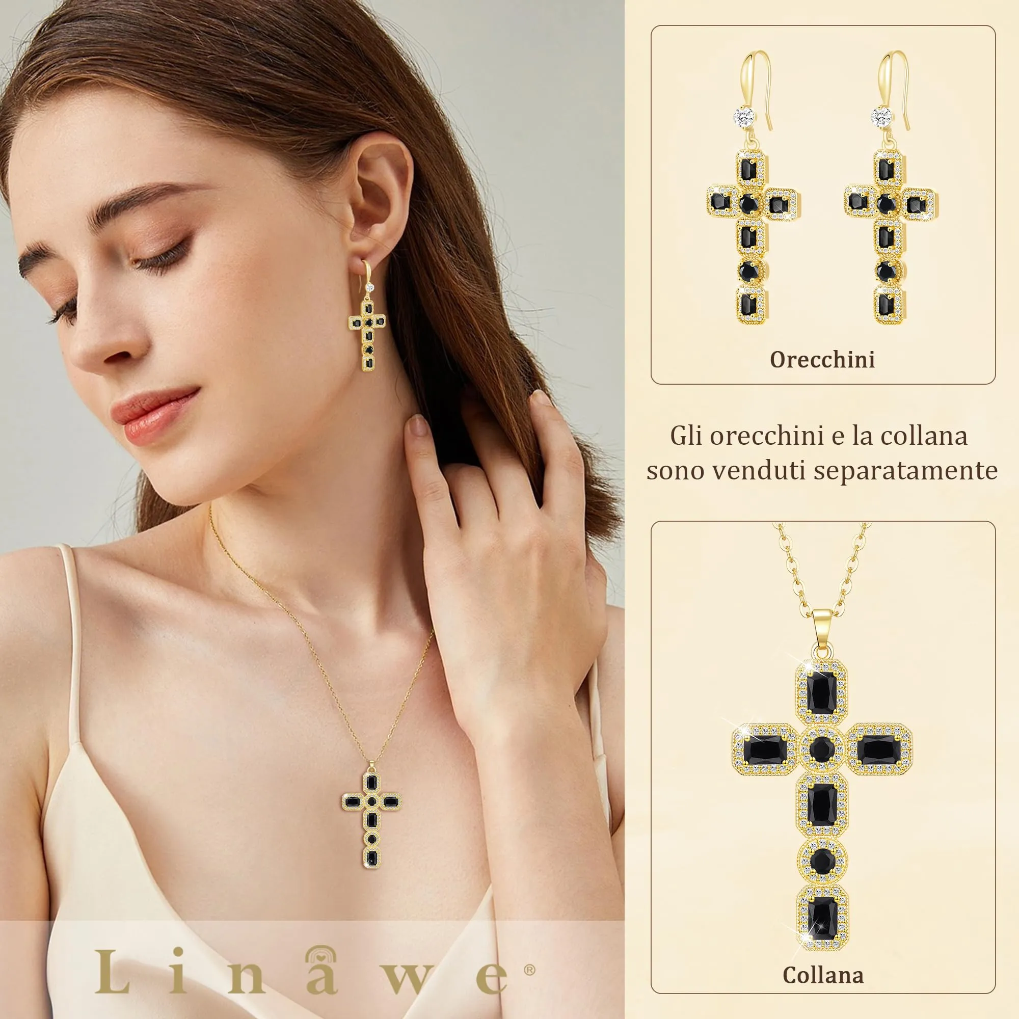 Linawe Collana a croce da donna, catena placcata in oro 14k con ciondolo in cristallo e zirconi, nero e oro giallo - immagine 3