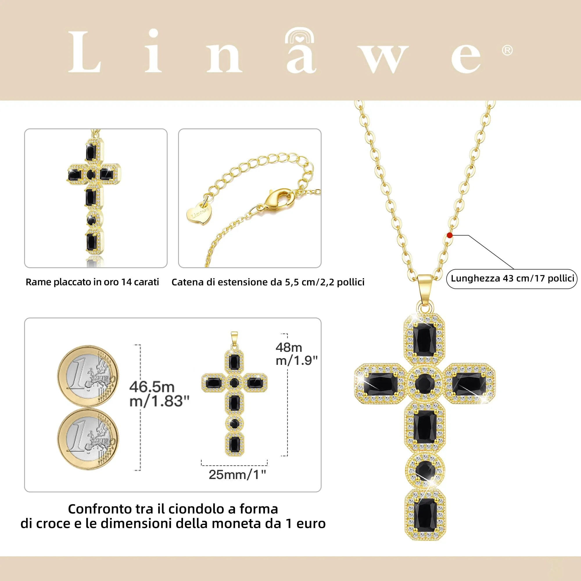 Linawe Collana a croce da donna, catena placcata in oro 14k con ciondolo in cristallo e zirconi, nero e oro giallo - immagine 4