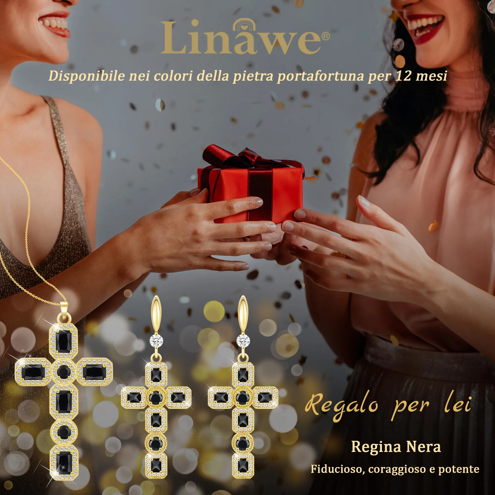 Linawe Collana a croce da donna, catena placcata in oro 14k con ciondolo in cristallo e zirconi, nero e oro giallo - immagine 5
