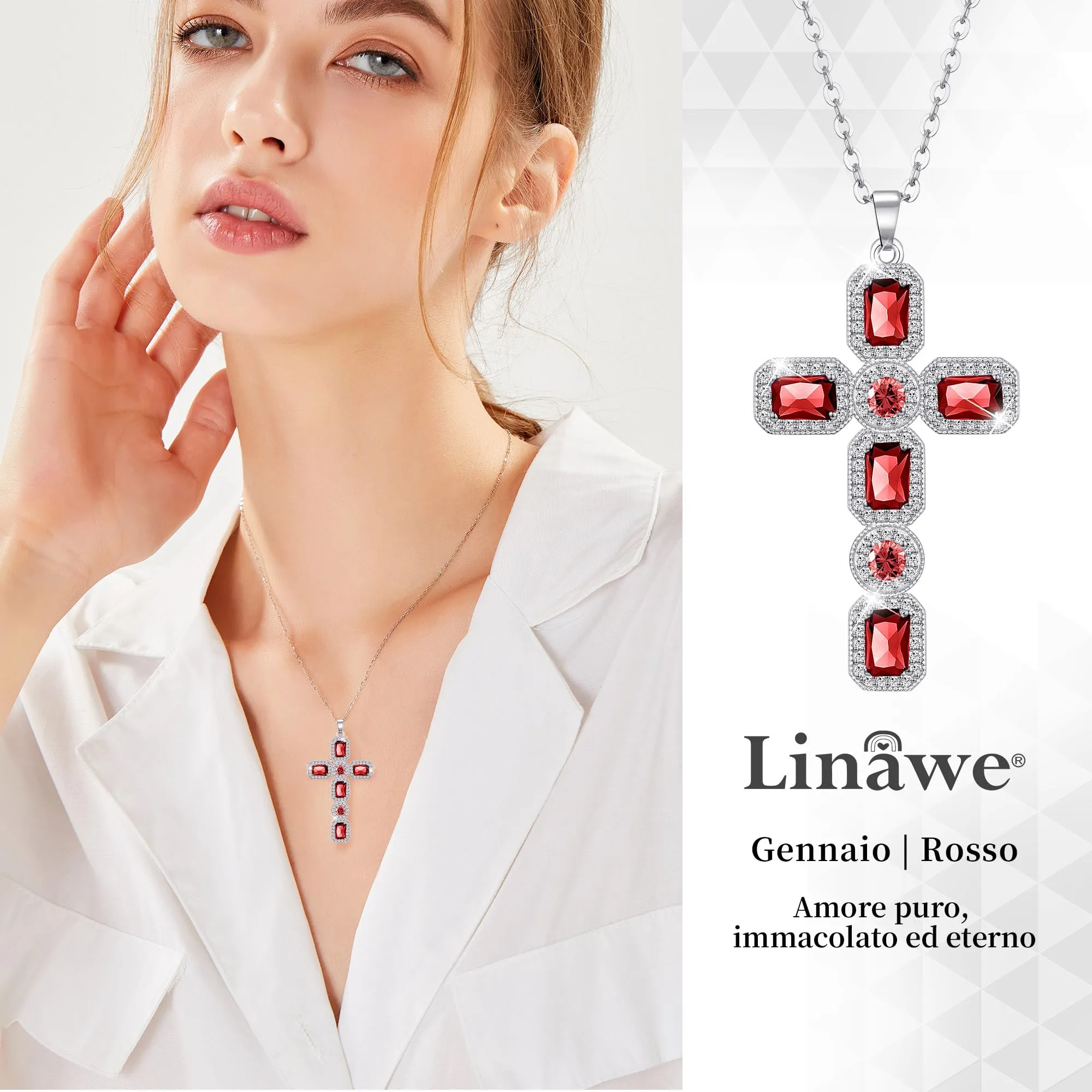 Linawe Collana a Croce in Argento con Diamante Rosso Rubino per Donna - immagine 2