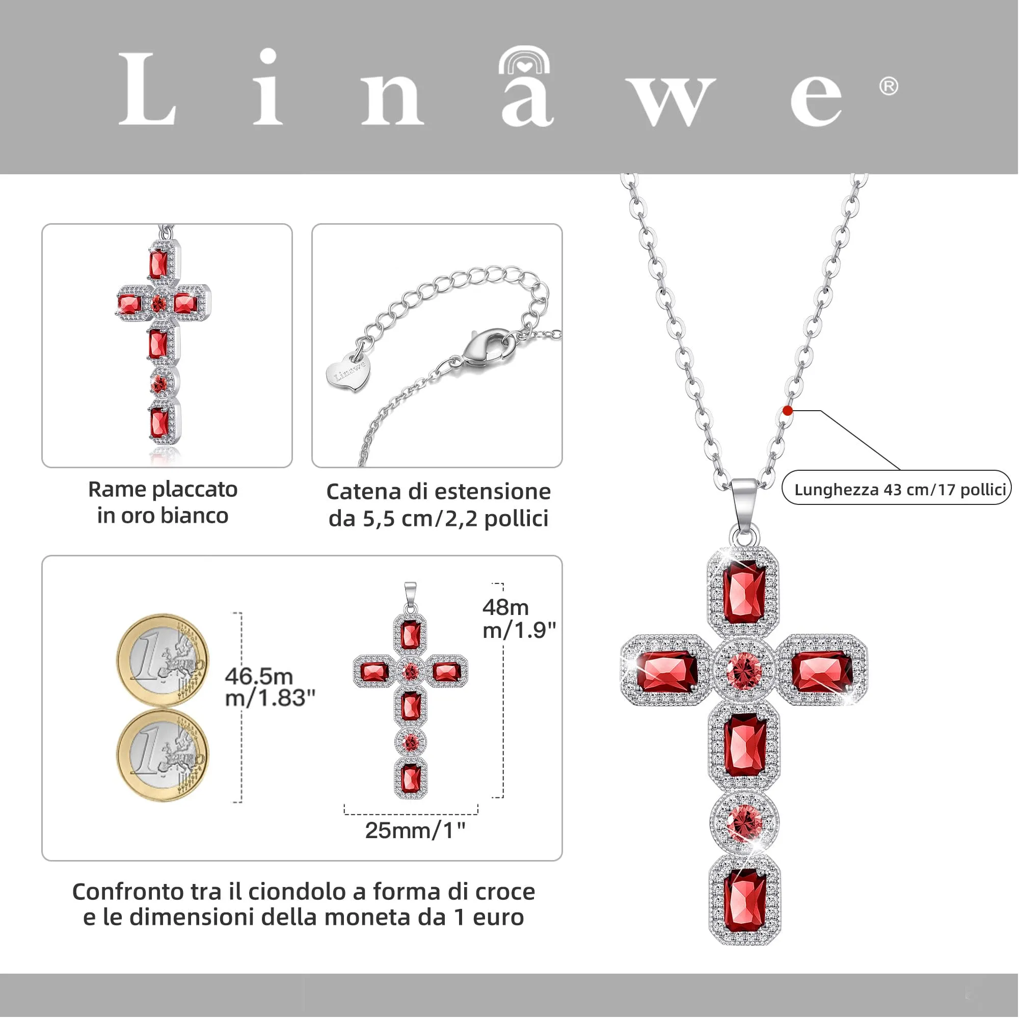 Linawe Collana a Croce in Argento con Diamante Rosso Rubino per Donna - immagine 4