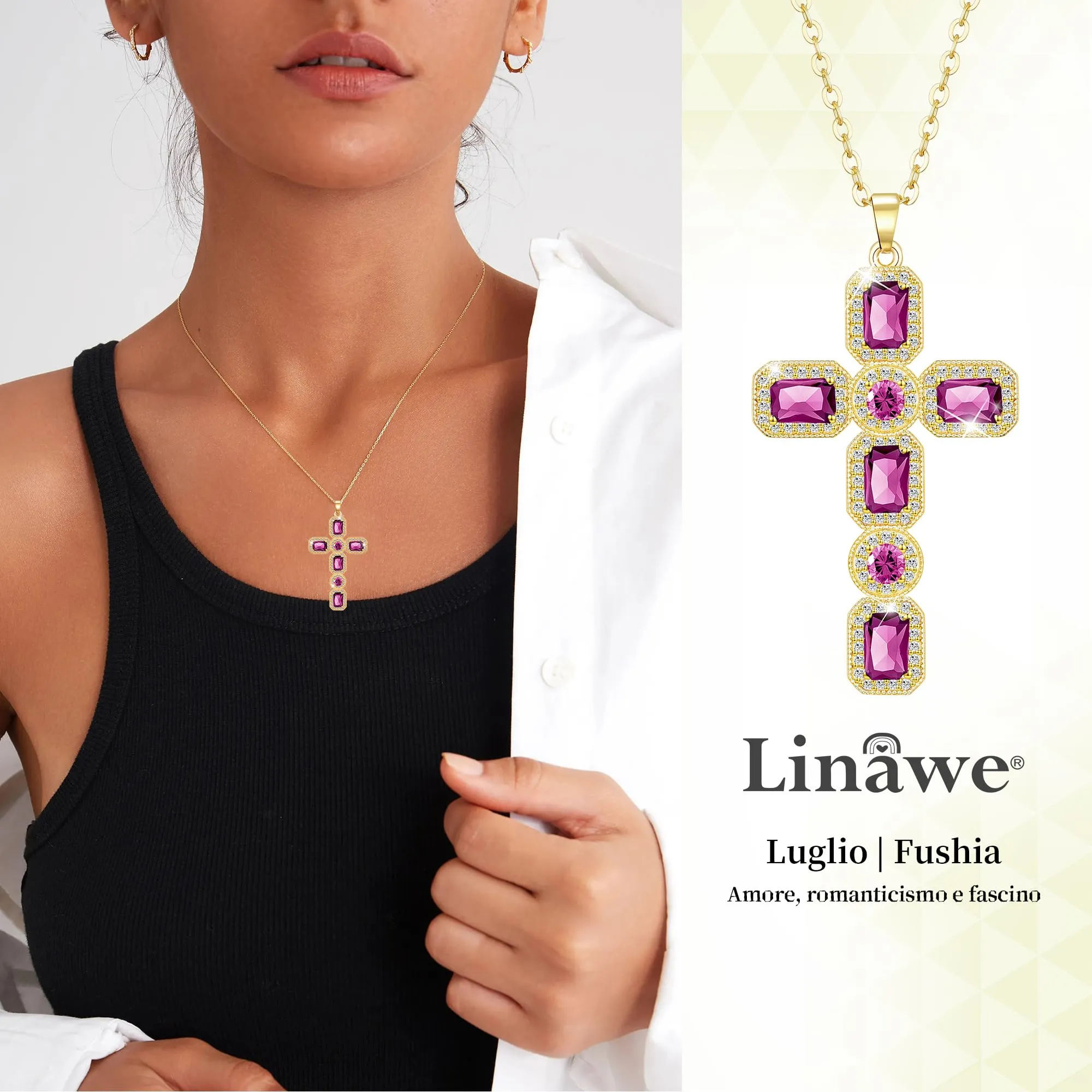 Linawe Collana a catena placcata in oro con pendente a croce e cristallo rosa per donna - immagine 2