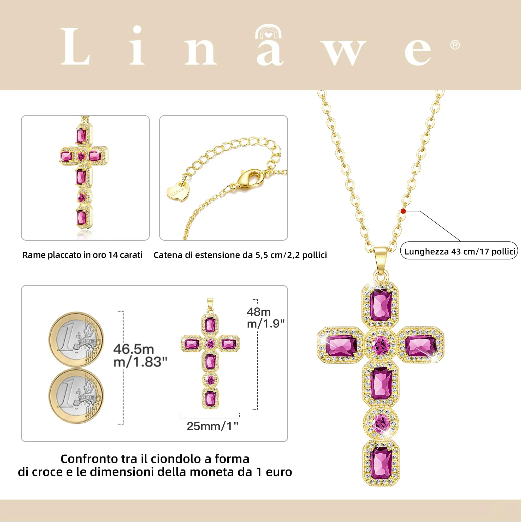 Linawe Collana a catena placcata in oro con pendente a croce e cristallo rosa per donna - immagine 4