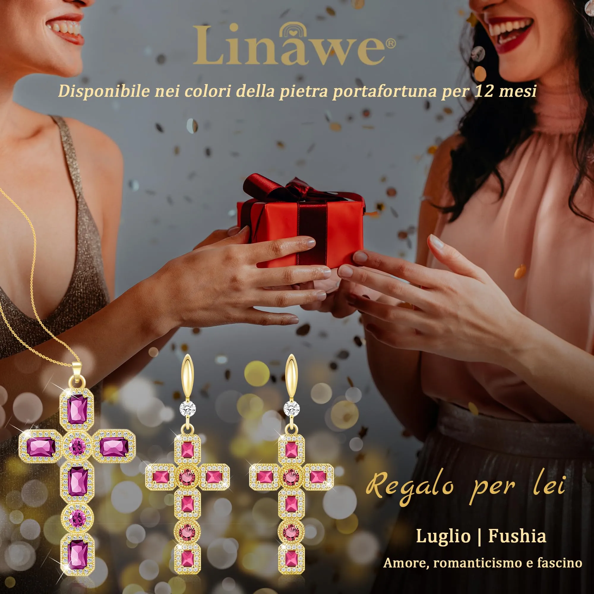 Linawe Collana a catena placcata in oro con pendente a croce e cristallo rosa per donna - immagine 5