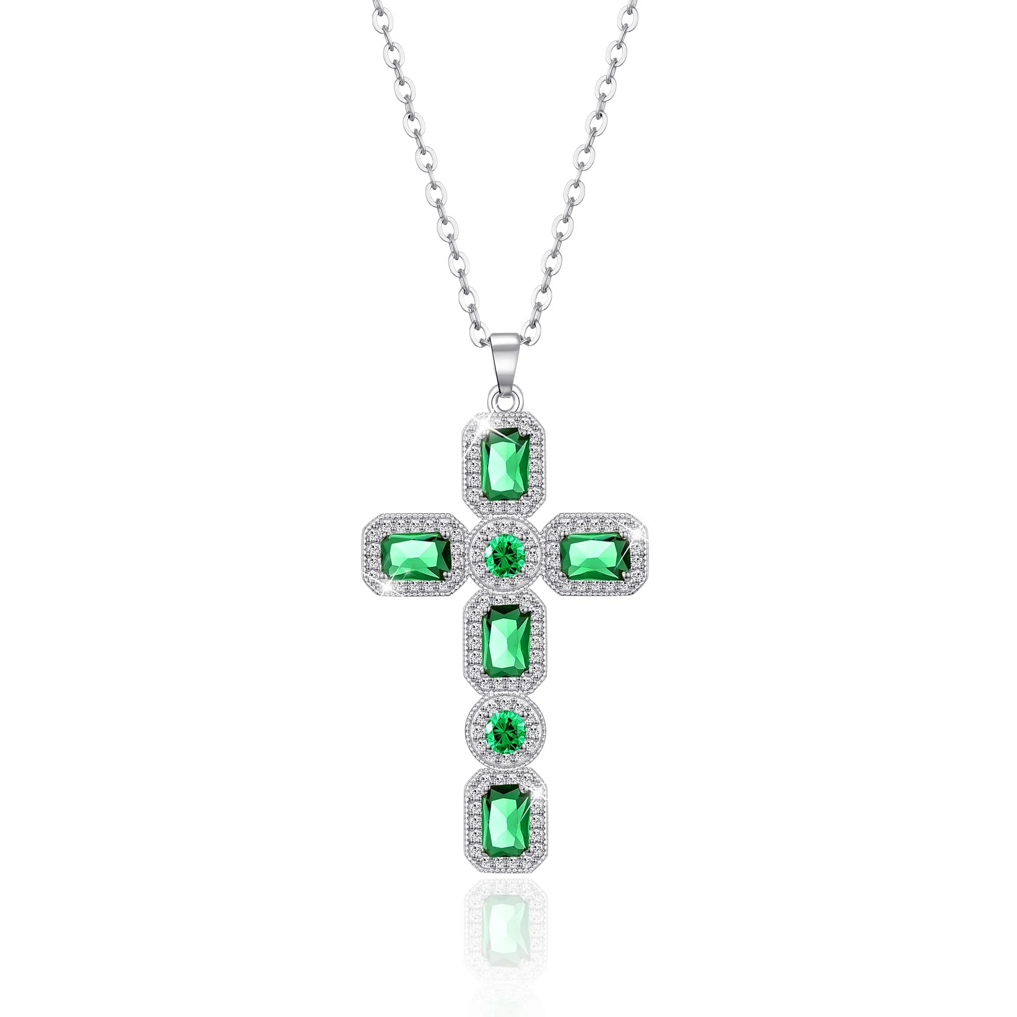 Linawe Collana con ciondolo a croce in cristallo verde smeraldo e argento per donna - immagine 1