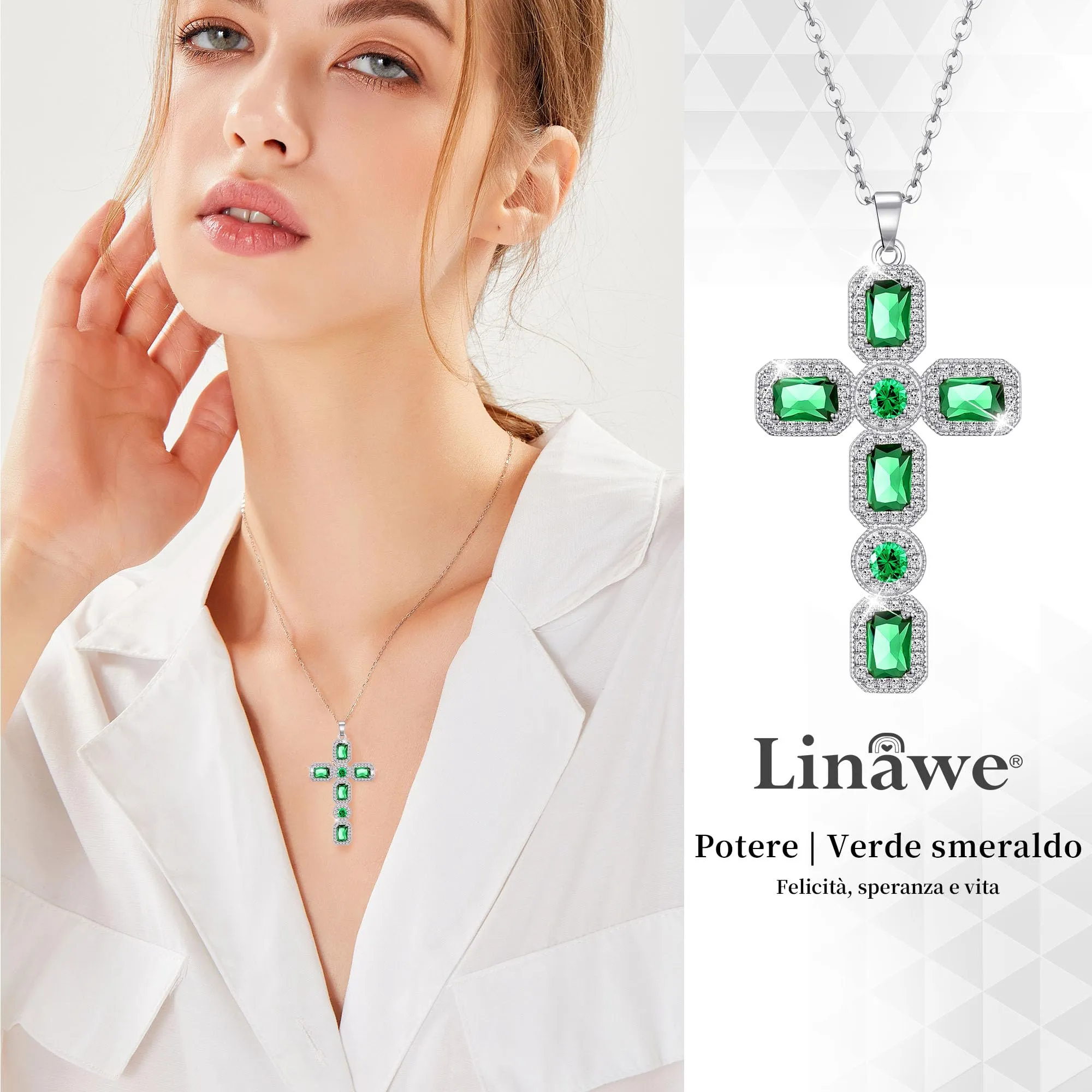 Linawe Collana con ciondolo a croce in cristallo verde smeraldo e argento per donna - immagine 2