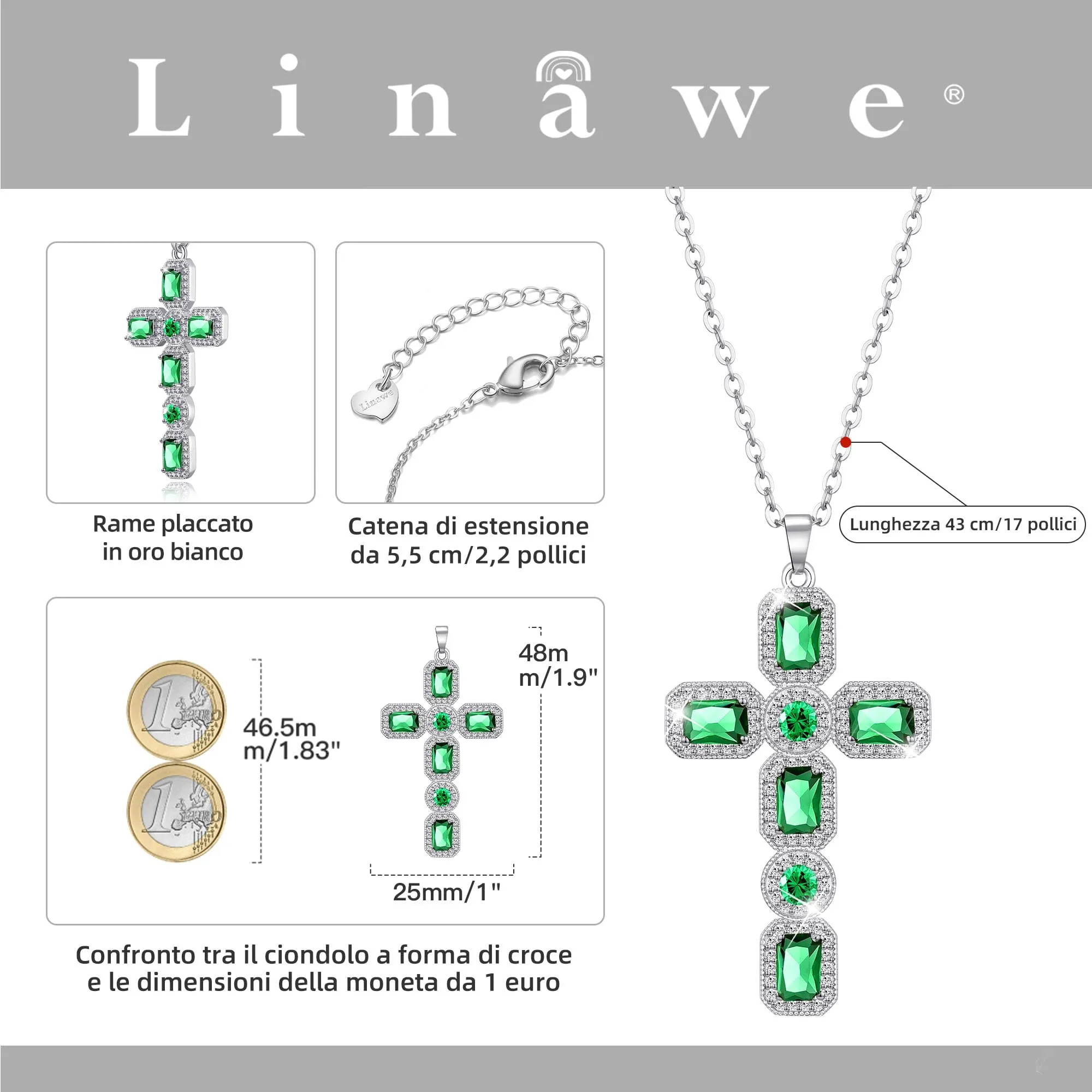 Linawe Collana con ciondolo a croce in cristallo verde smeraldo e argento per donna - immagine 4