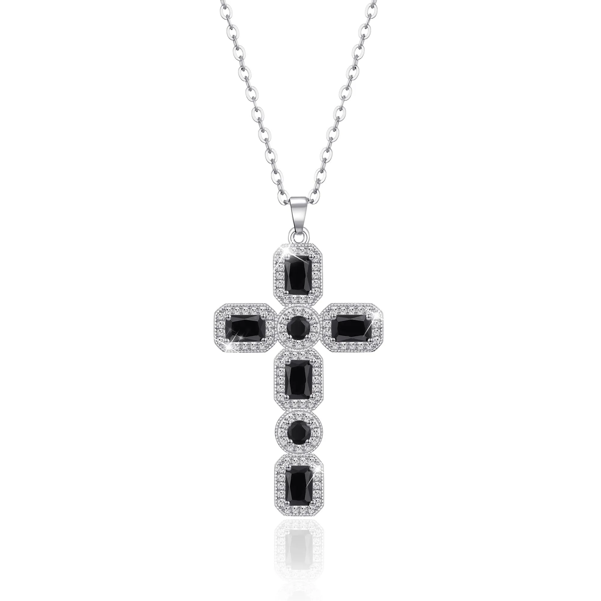 Linawe Collana a croce nera da donna con pendente in cristallo e zirconia cubica, catena in acciaio inossidabile argento - immagine 1