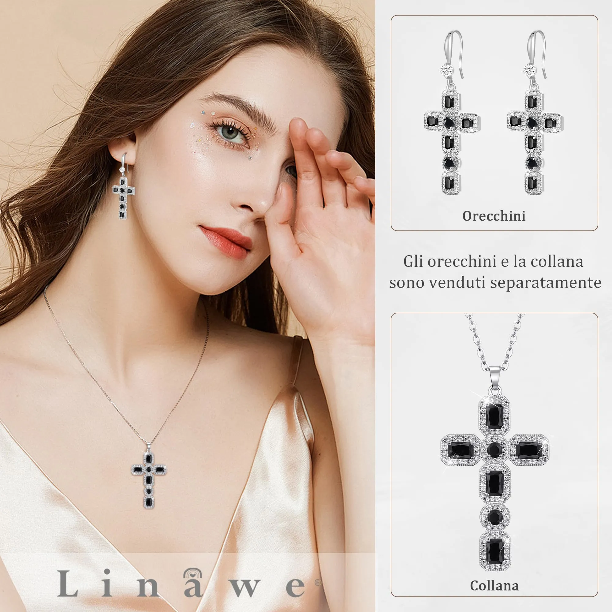 Linawe Collana a croce nera da donna con pendente in cristallo e zirconia cubica, catena in acciaio inossidabile argento - immagine 3