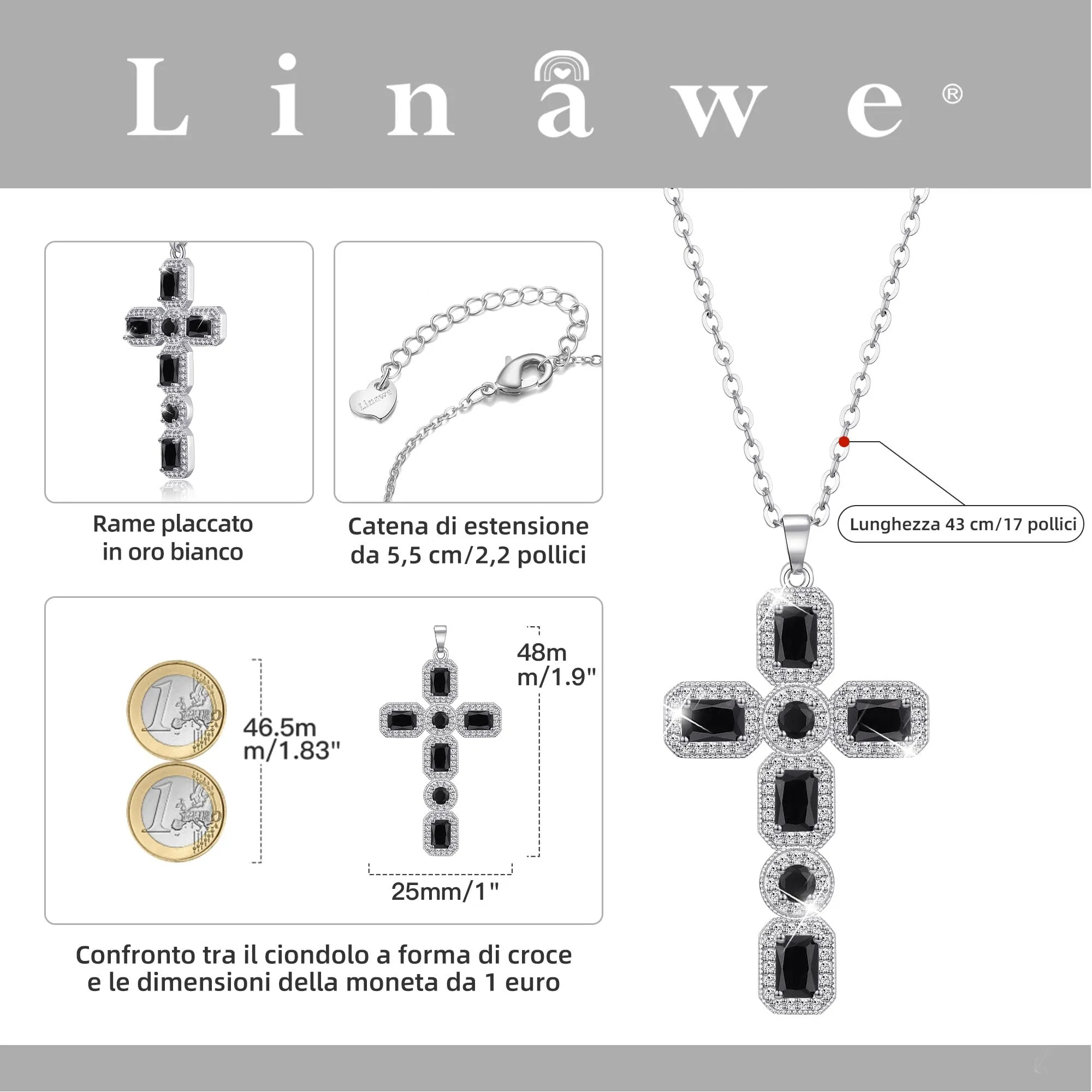 Linawe Collana a croce nera da donna con pendente in cristallo e zirconia cubica, catena in acciaio inossidabile argento - immagine 4