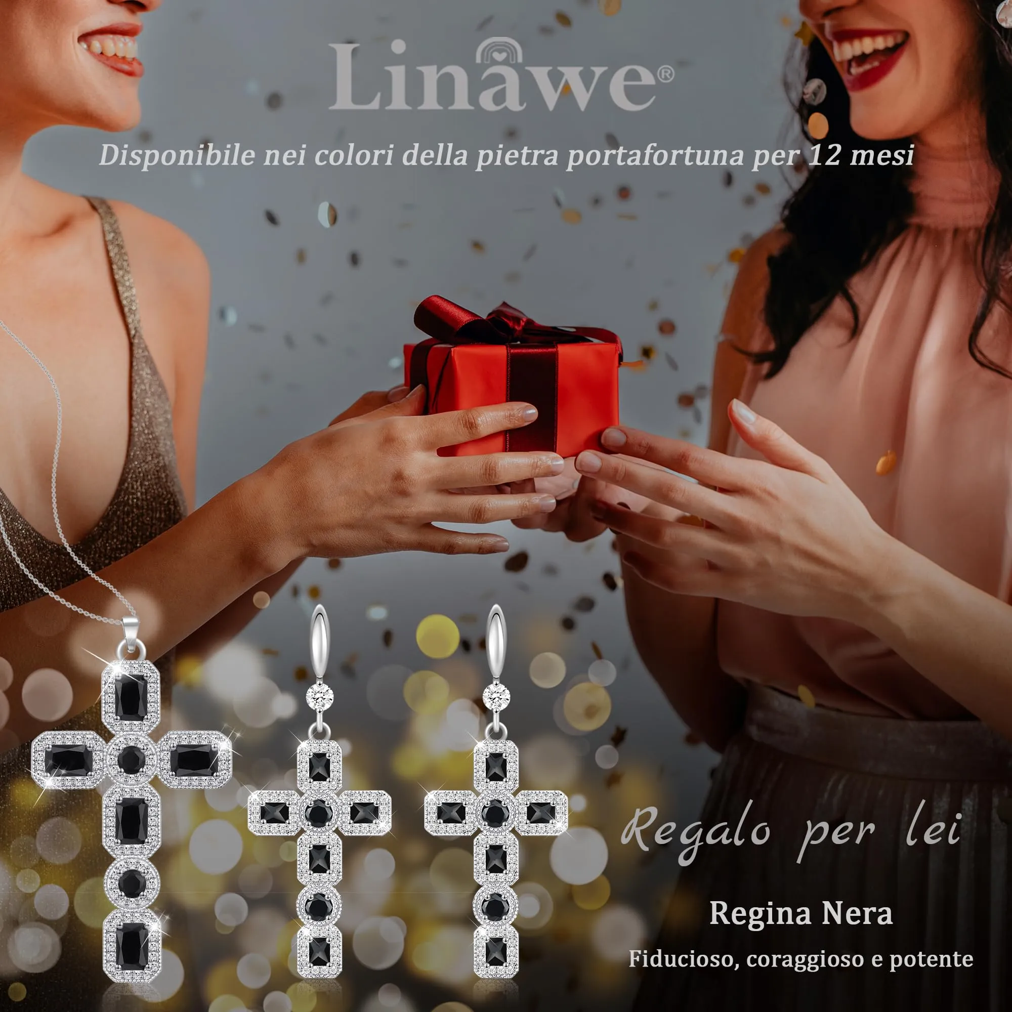 Linawe Collana a croce nera da donna con pendente in cristallo e zirconia cubica, catena in acciaio inossidabile argento - immagine 5