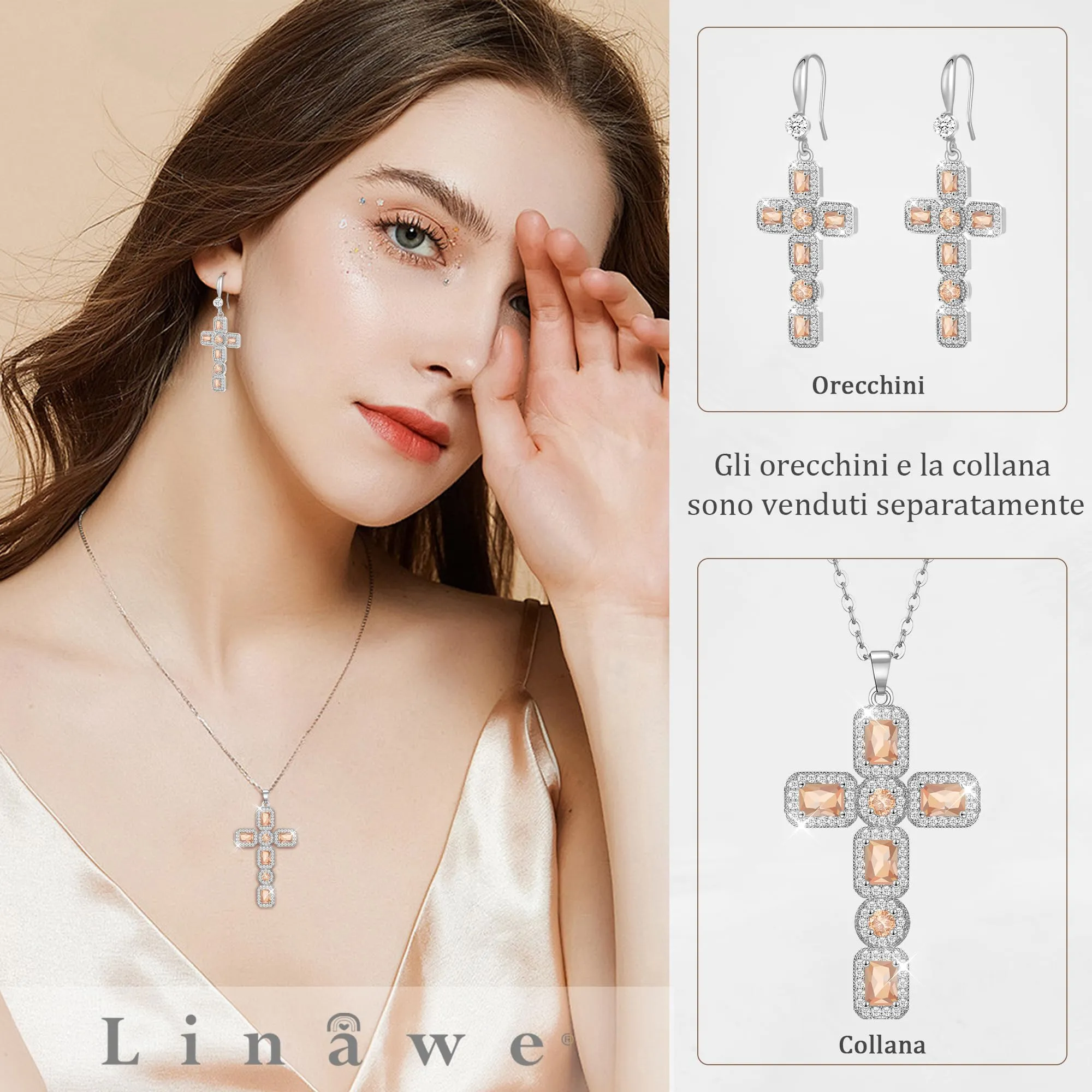 Linawe Collana a croce con pendente in cristallo citrino giallo e zirconia cubica, catena in argento - immagine 3