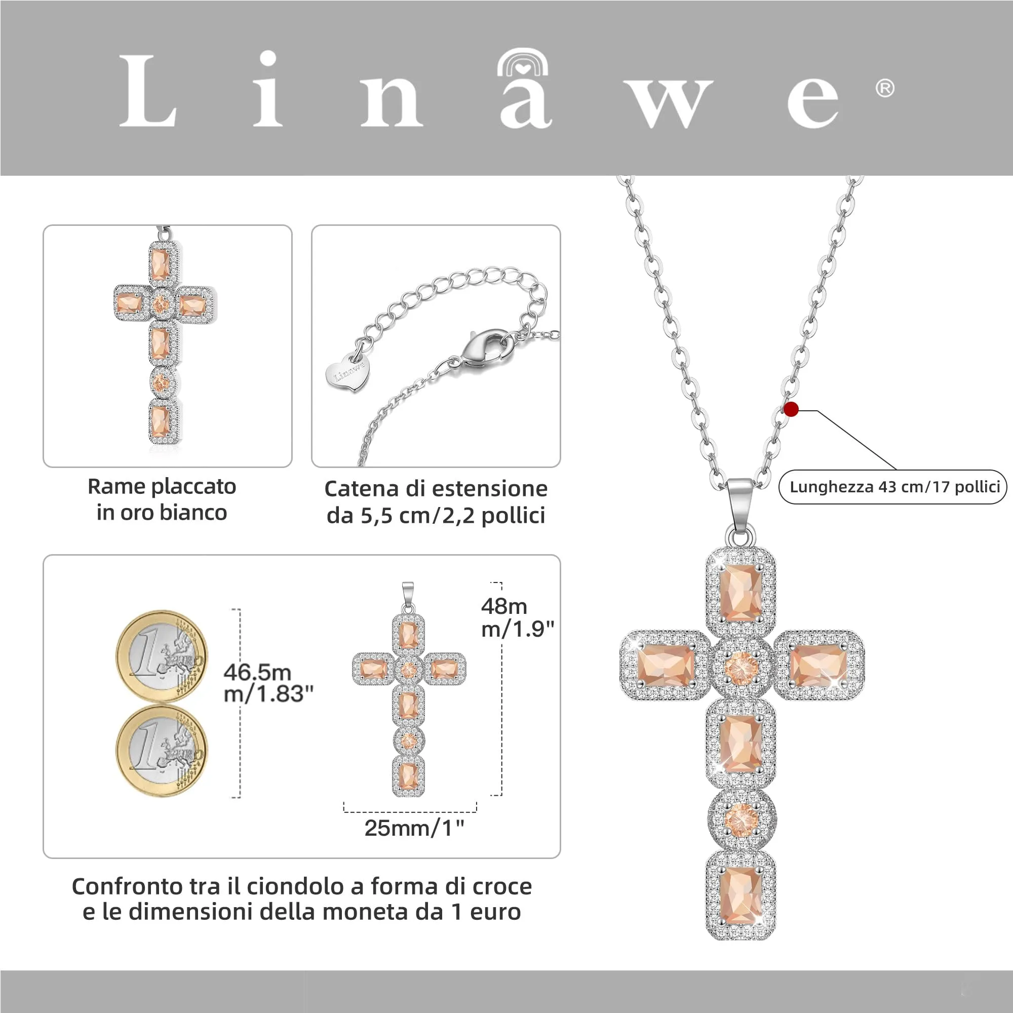 Linawe Collana a croce con pendente in cristallo citrino giallo e zirconia cubica, catena in argento - immagine 4