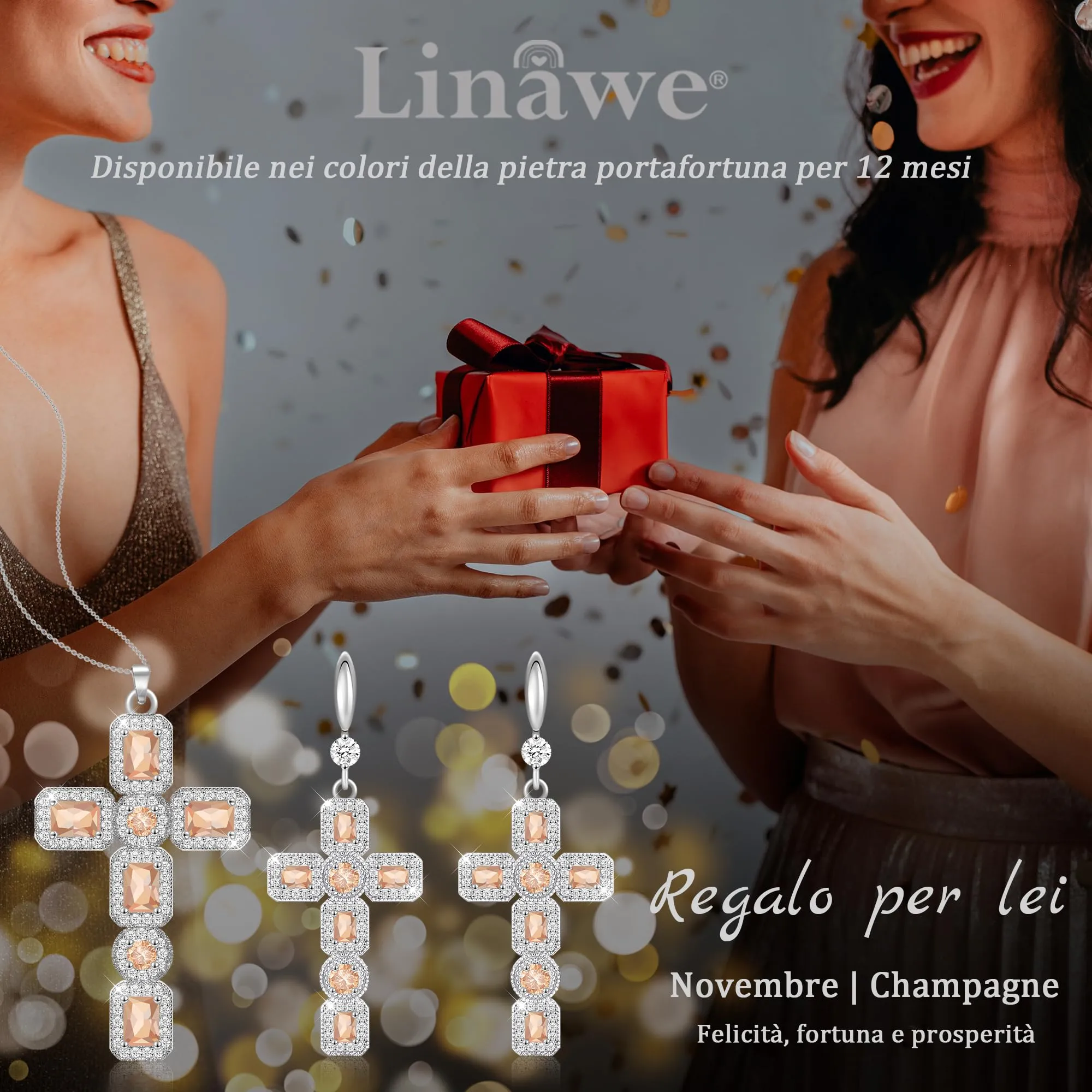 Linawe Collana a croce con pendente in cristallo citrino giallo e zirconia cubica, catena in argento - immagine 5