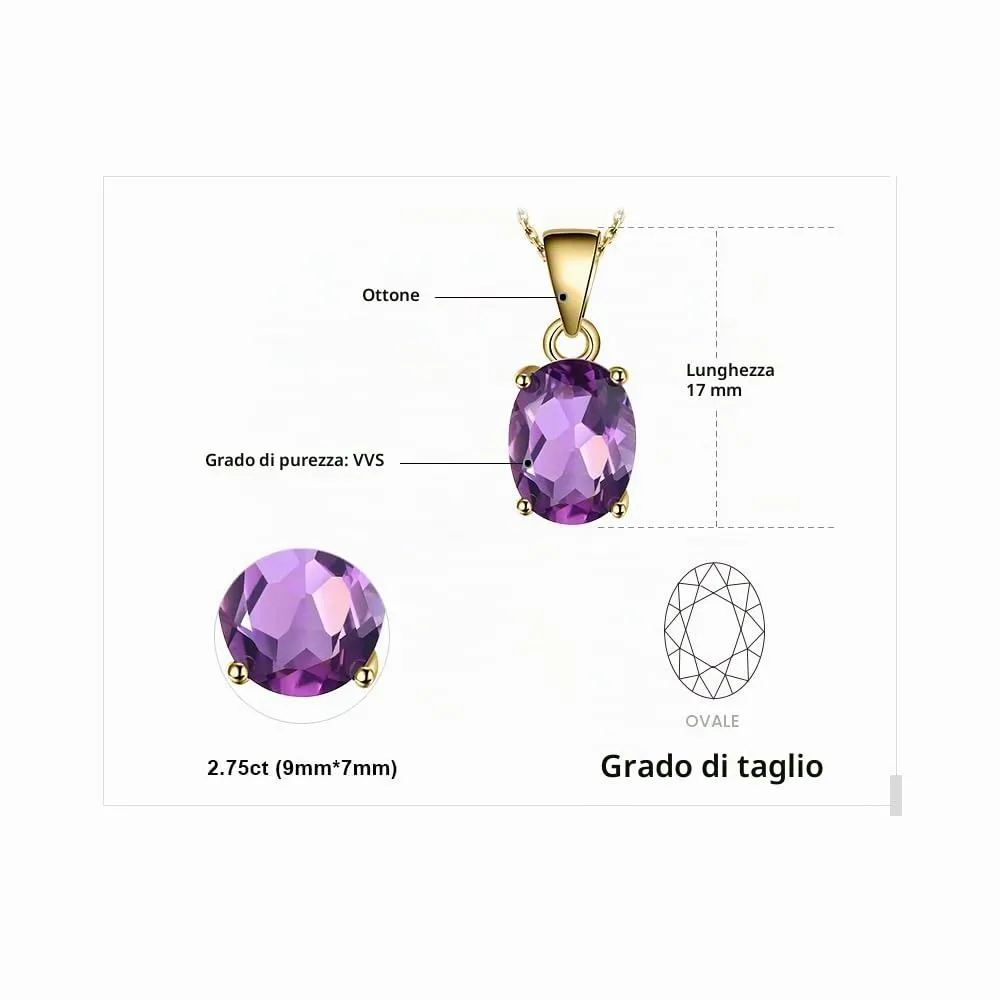 JewelryPalace Collana Solitario Donna Placcato Oro Giallo 14K con Ametista Viola Naturale, Ciondolo Taglio Ovale, Catena 45cm - immagine 2