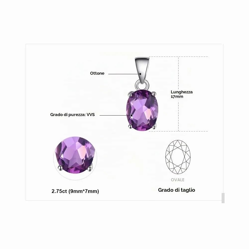 JewelryPalace Collana Pendente Solitario Ametista Viola Naturale 1.7ct Placcato Oro Bianco 14K 45cm - immagine 2