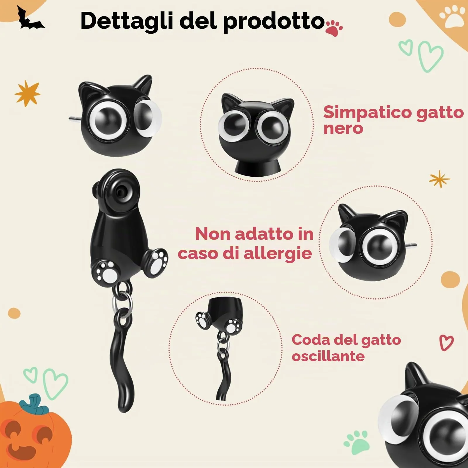 ZephyrHome Orecchini Gatto Nero in Metallo, Modello B1119 - immagine 3