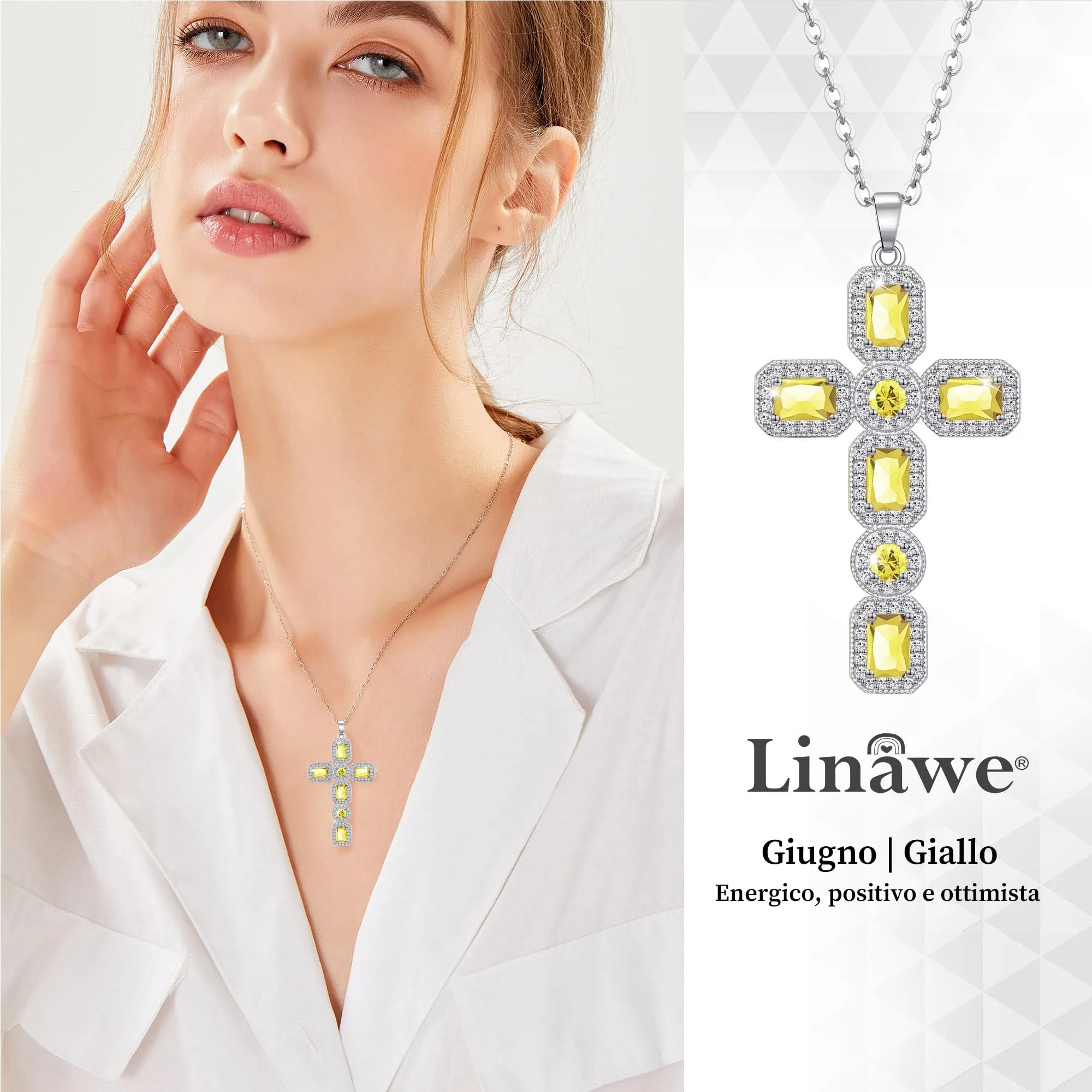 Linawe Collana da donna in argento con ciondolo a croce, moissanite e cristallo citrino giallo - immagine 2
