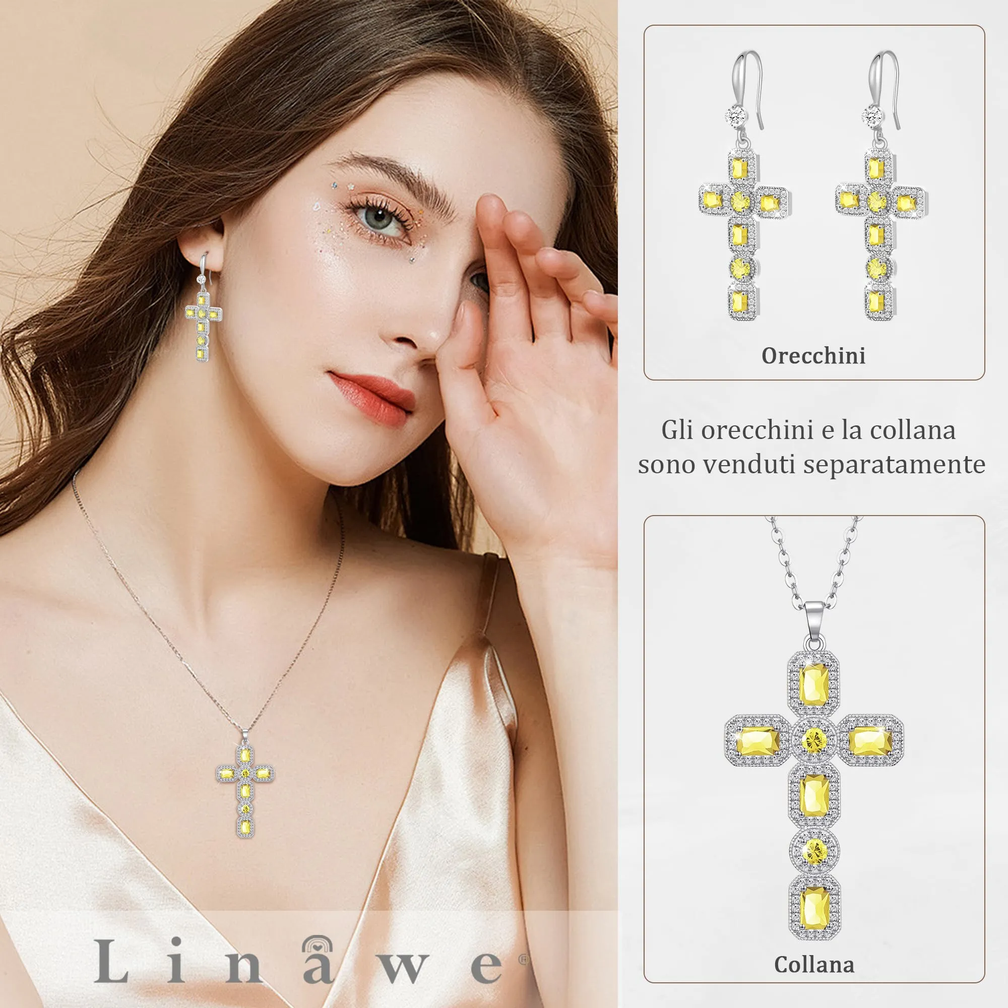 Linawe Collana da donna in argento con ciondolo a croce, moissanite e cristallo citrino giallo - immagine 3