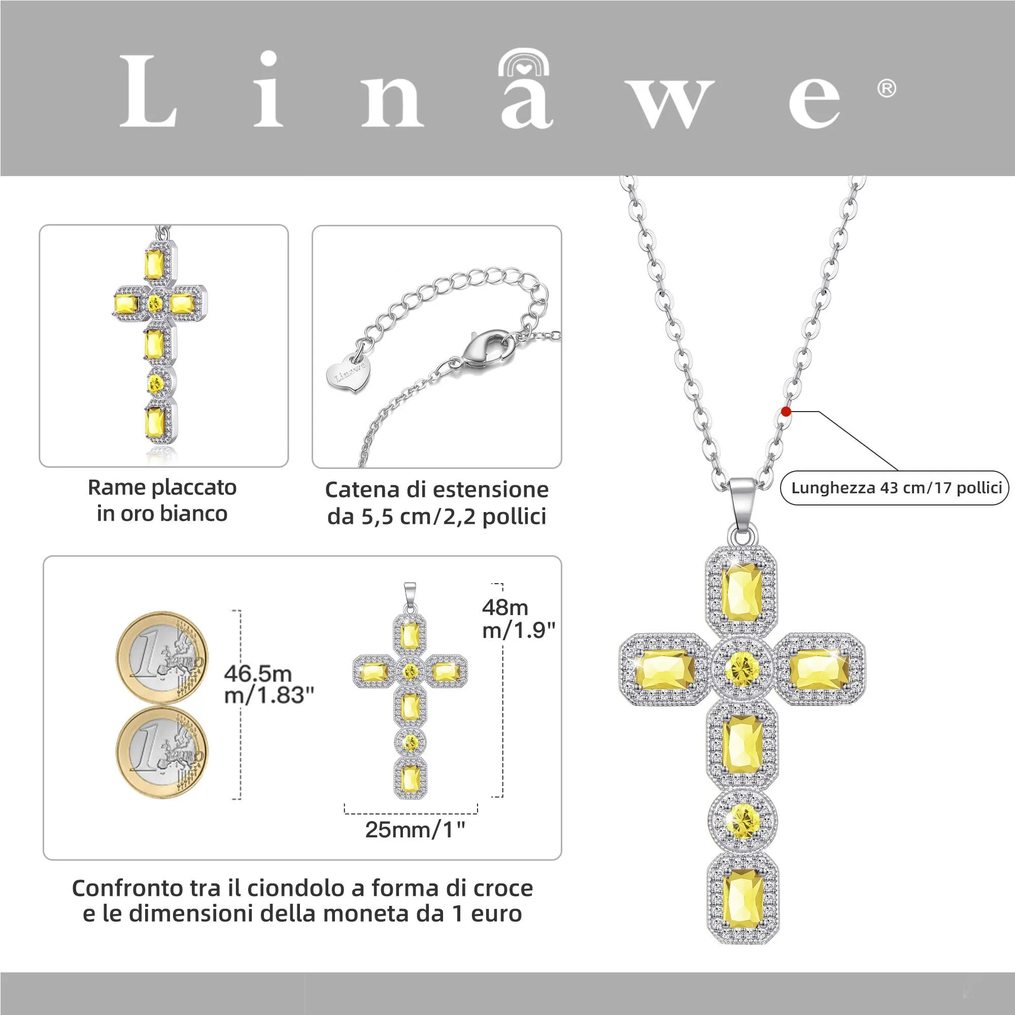 Linawe Collana da donna in argento con ciondolo a croce, moissanite e cristallo citrino giallo - immagine 4