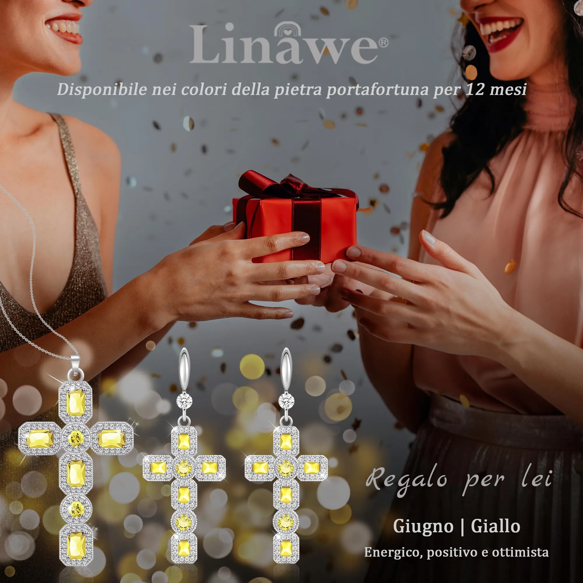 Linawe Collana da donna in argento con ciondolo a croce, moissanite e cristallo citrino giallo - immagine 5
