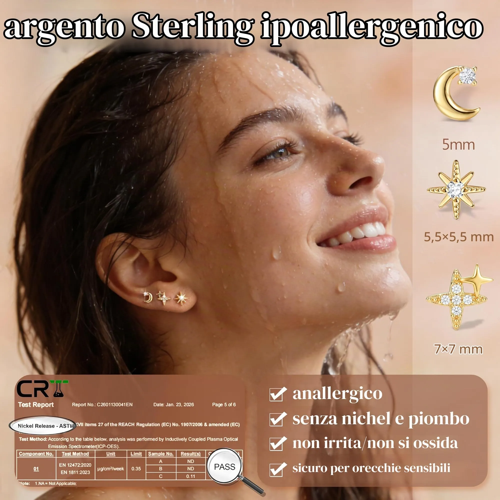 Finrezio Orecchini Donna Placcato Oro 16 Carati, Set da 3 Paia Stella, Luna e Sole - immagine 4