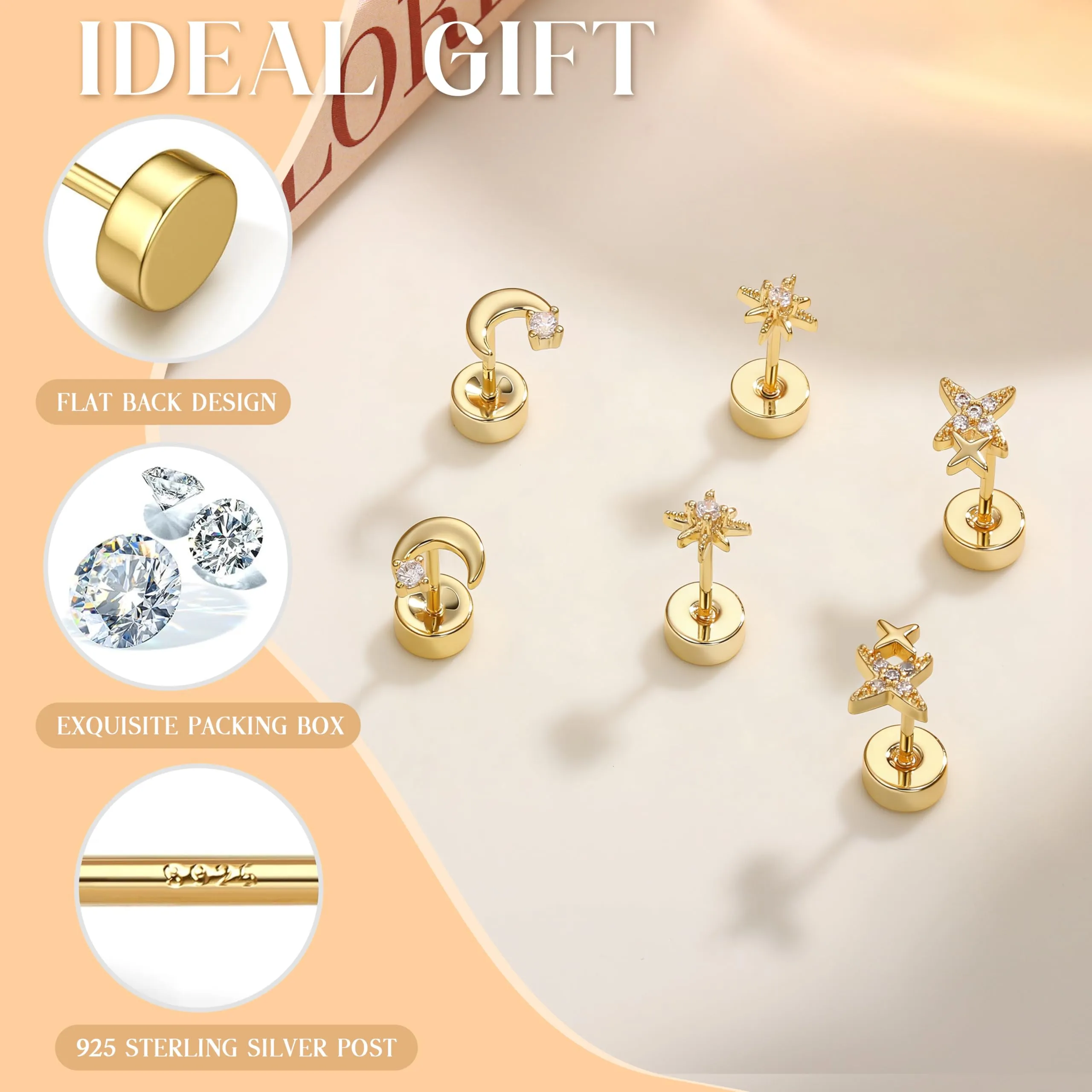 Finrezio Orecchini Donna Placcato Oro 16 Carati, Set da 3 Paia Stella, Luna e Sole - immagine 5