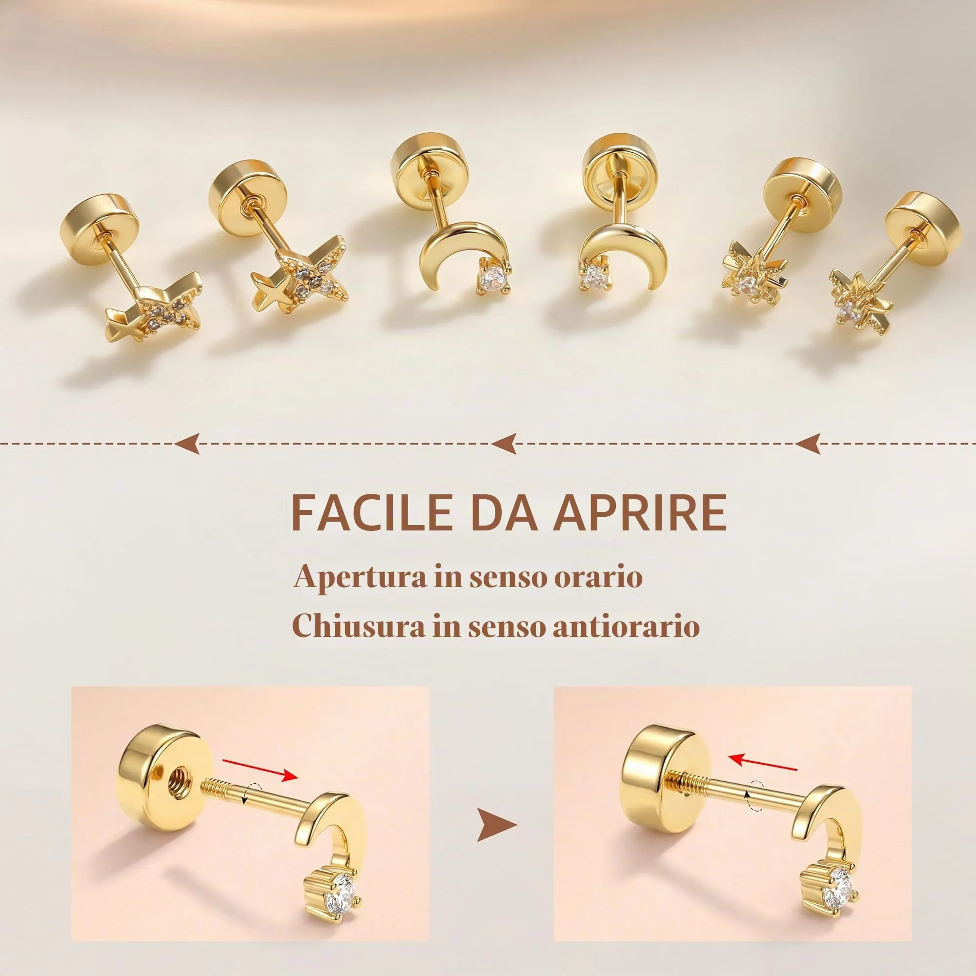 Finrezio Orecchini Donna Placcato Oro 16 Carati, Set da 3 Paia Stella, Luna e Sole - immagine 6