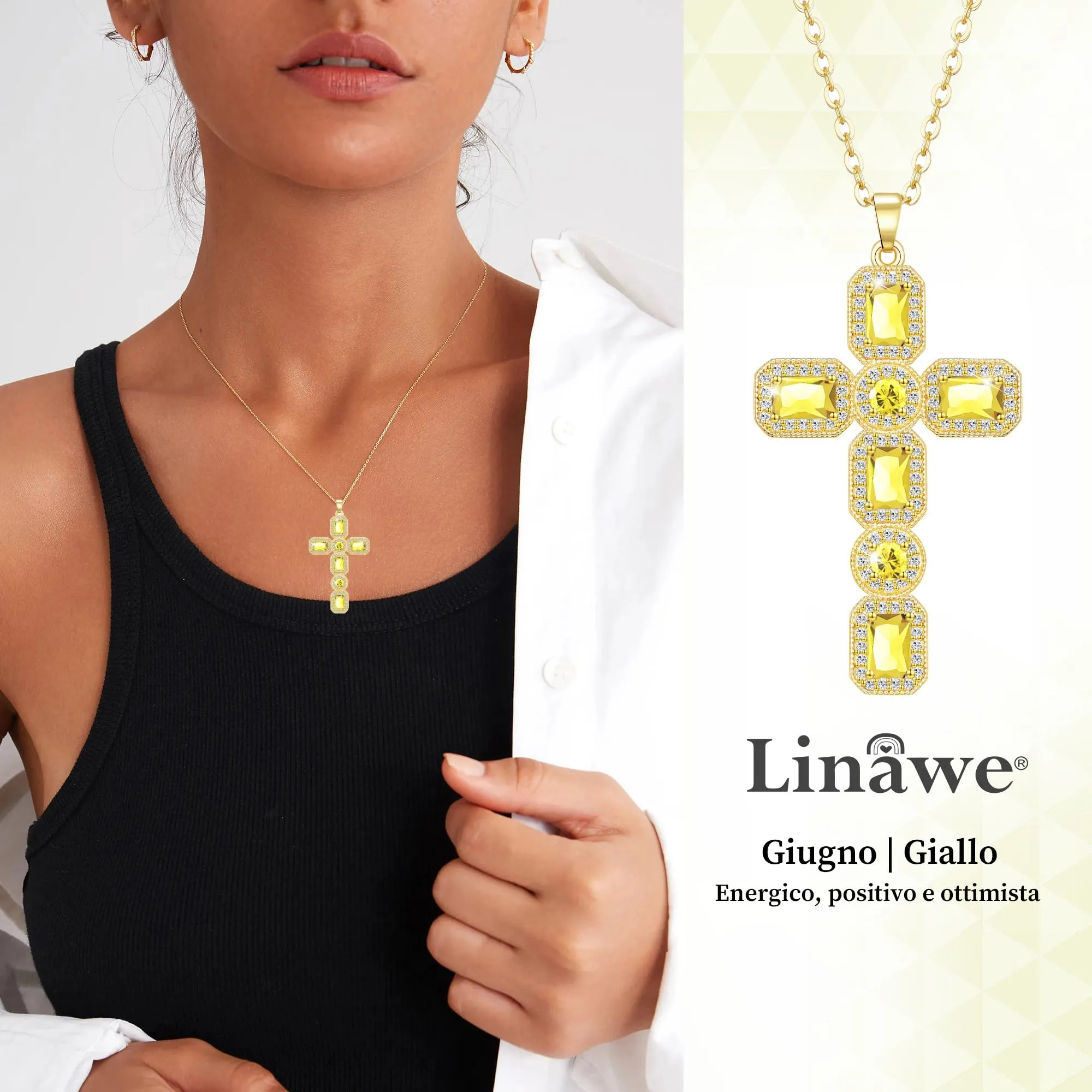 Linawe Collana a croce placcata in oro con Moissanite e cristallo citrino per donna - immagine 2