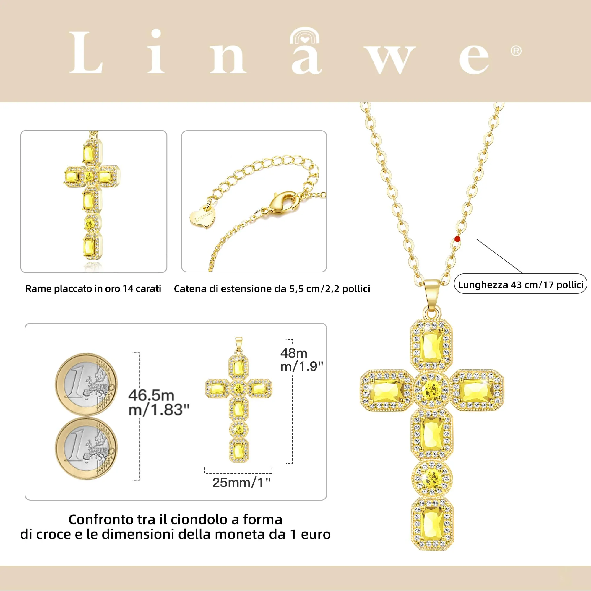 Linawe Collana a croce placcata in oro con Moissanite e cristallo citrino per donna - immagine 4