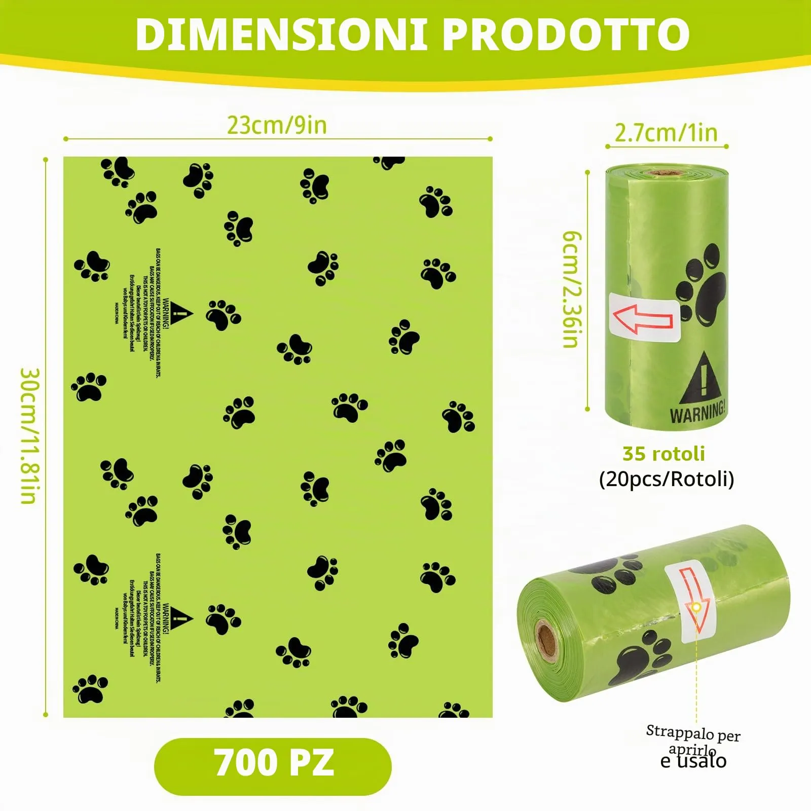 DEPAR Sacchetti per Escrementi di Cani Biodegradabili, 700 Pezzi, 35 Rotoli da 20, 30 x 22 cm, Verde - immagine 2