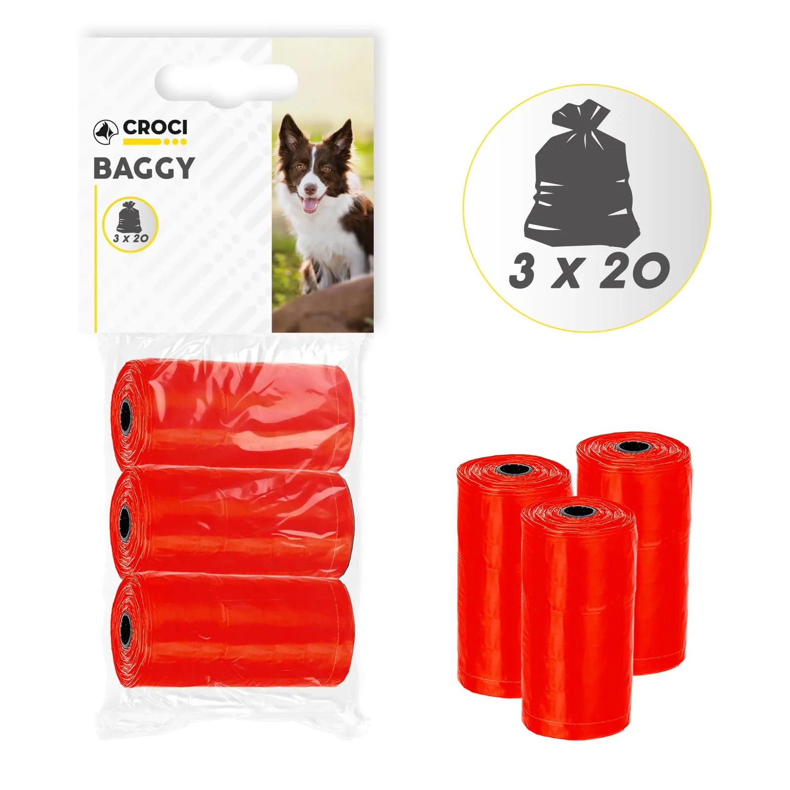 Croci Sacchetti per Bisogni dei Cani, 3 Rotoli x 20 Pezzi, Rosso - immagine 2