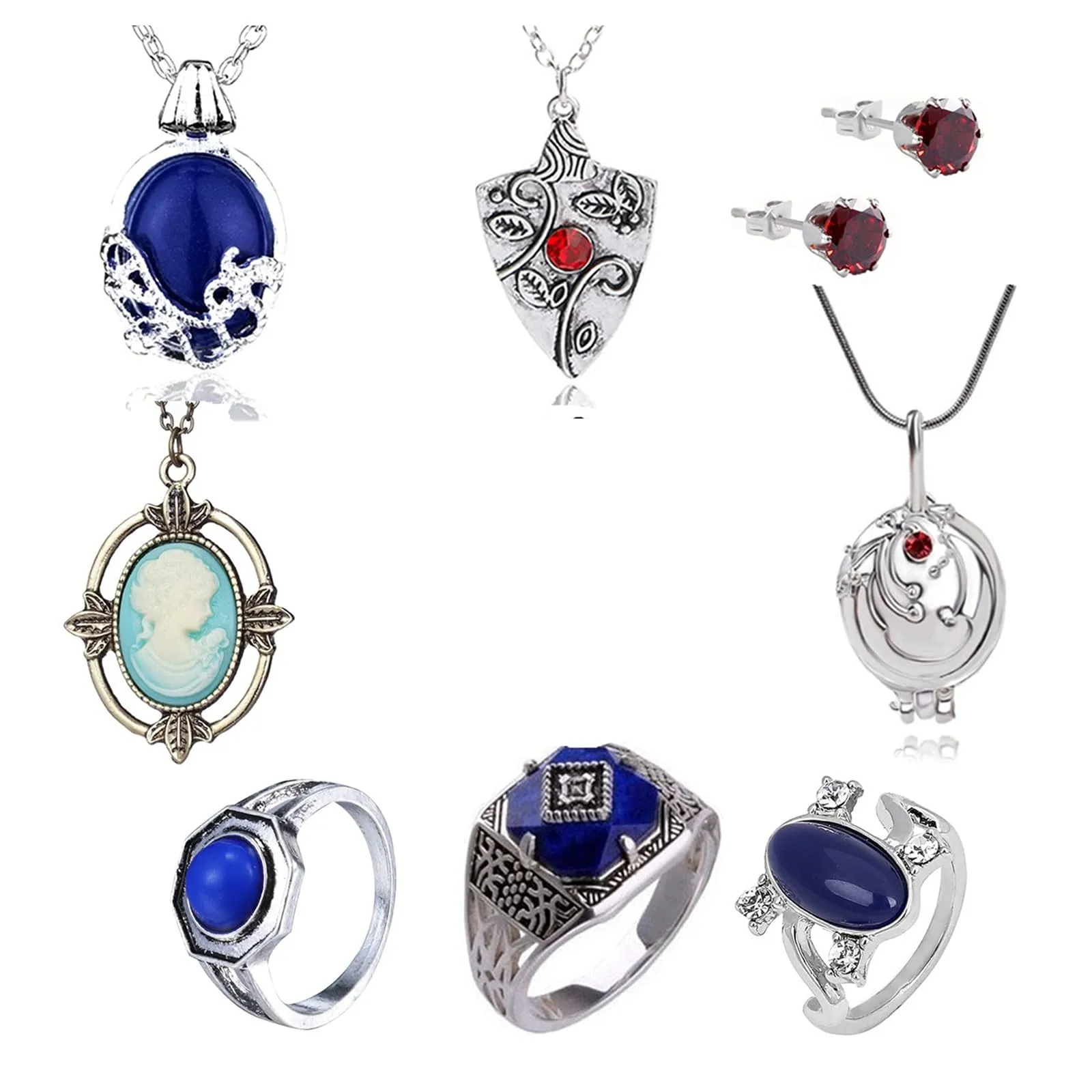 XHBTS The Vampire Diaries Daywalking Katherine Jewelry Cosplay Set, Sapphire Crystal Necklace, Rings, Earrings and 10 Stickers, 19 Piece Set - immagine 1