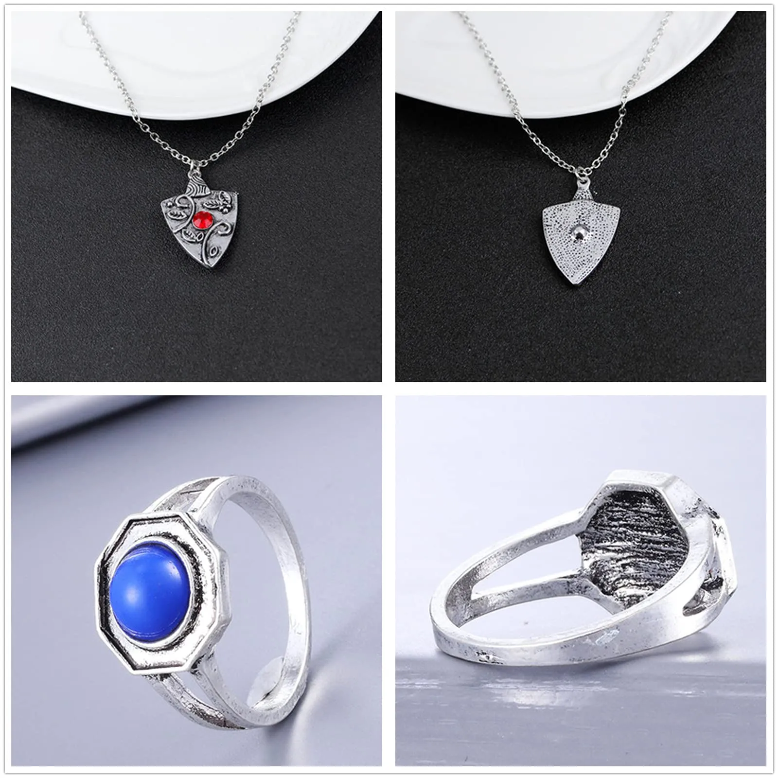 XHBTS The Vampire Diaries Daywalking Katherine Jewelry Cosplay Set, Sapphire Crystal Necklace, Rings, Earrings and 10 Stickers, 19 Piece Set - immagine 3