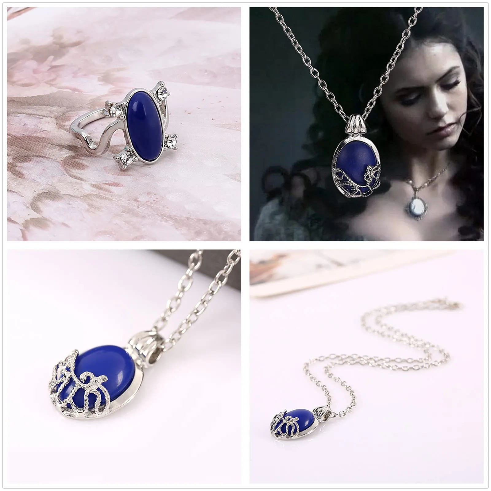 XHBTS The Vampire Diaries Daywalking Katherine Jewelry Cosplay Set, Sapphire Crystal Necklace, Rings, Earrings and 10 Stickers, 19 Piece Set - immagine 4