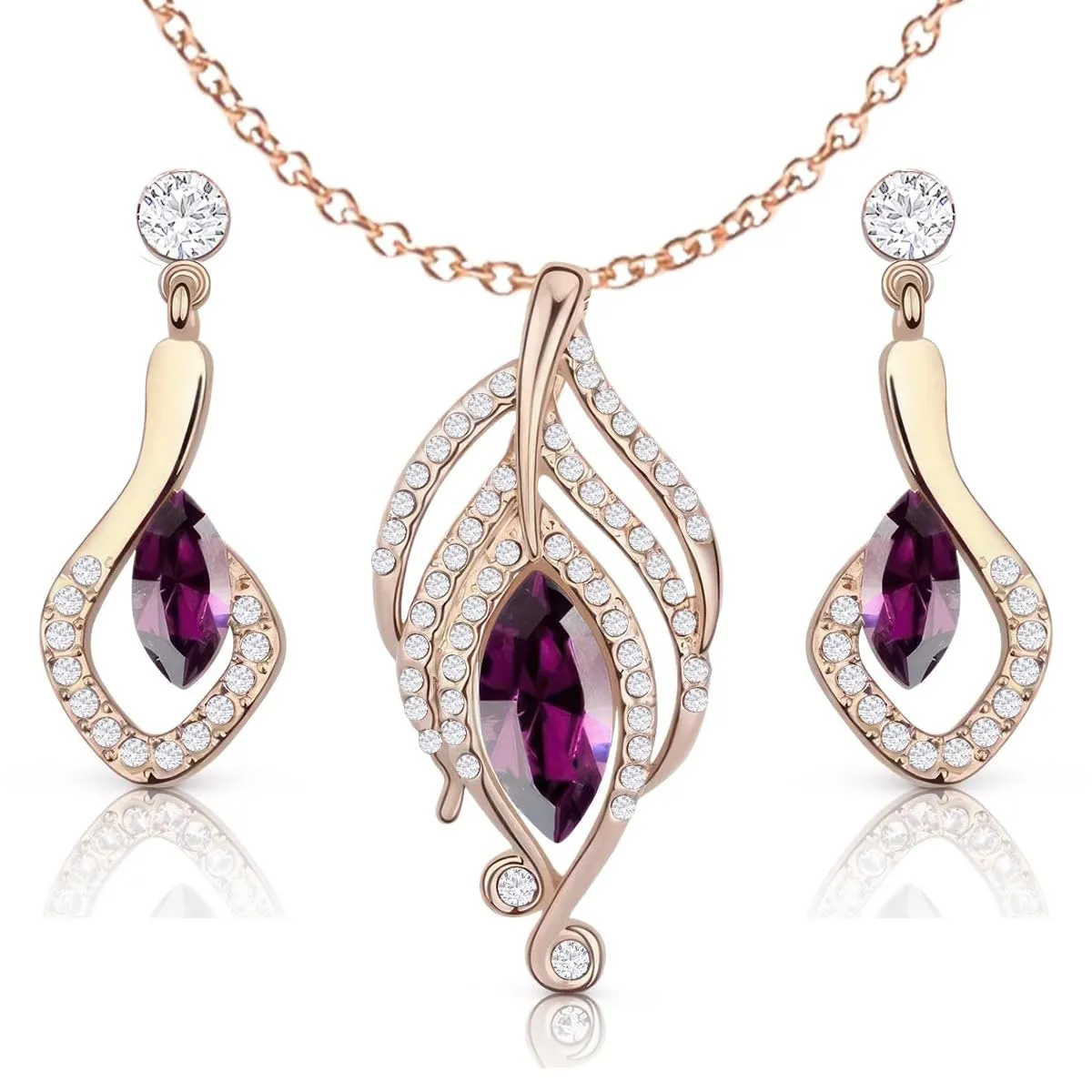 Crystalline Azuria Donna Parure Collana con Ciondolo 45 cm e Orecchini, 18ct Placcato Oro Rosa, Cristalli Ametista simulato - immagine 1