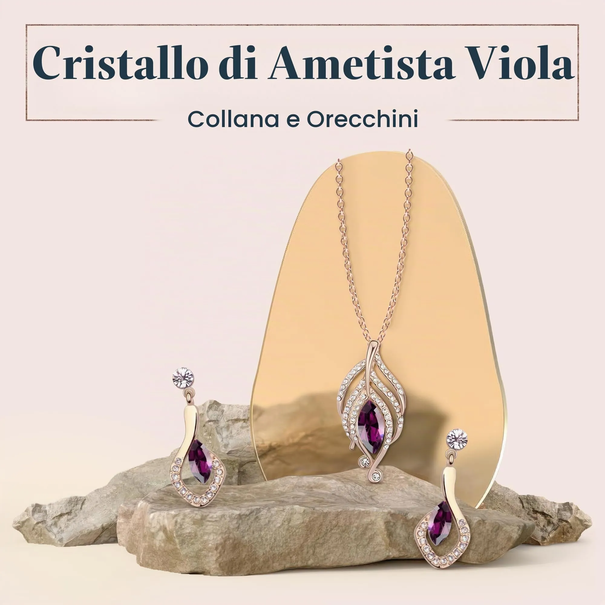Crystalline Azuria Donna Parure Collana con Ciondolo 45 cm e Orecchini, 18ct Placcato Oro Rosa, Cristalli Ametista simulato - immagine 2