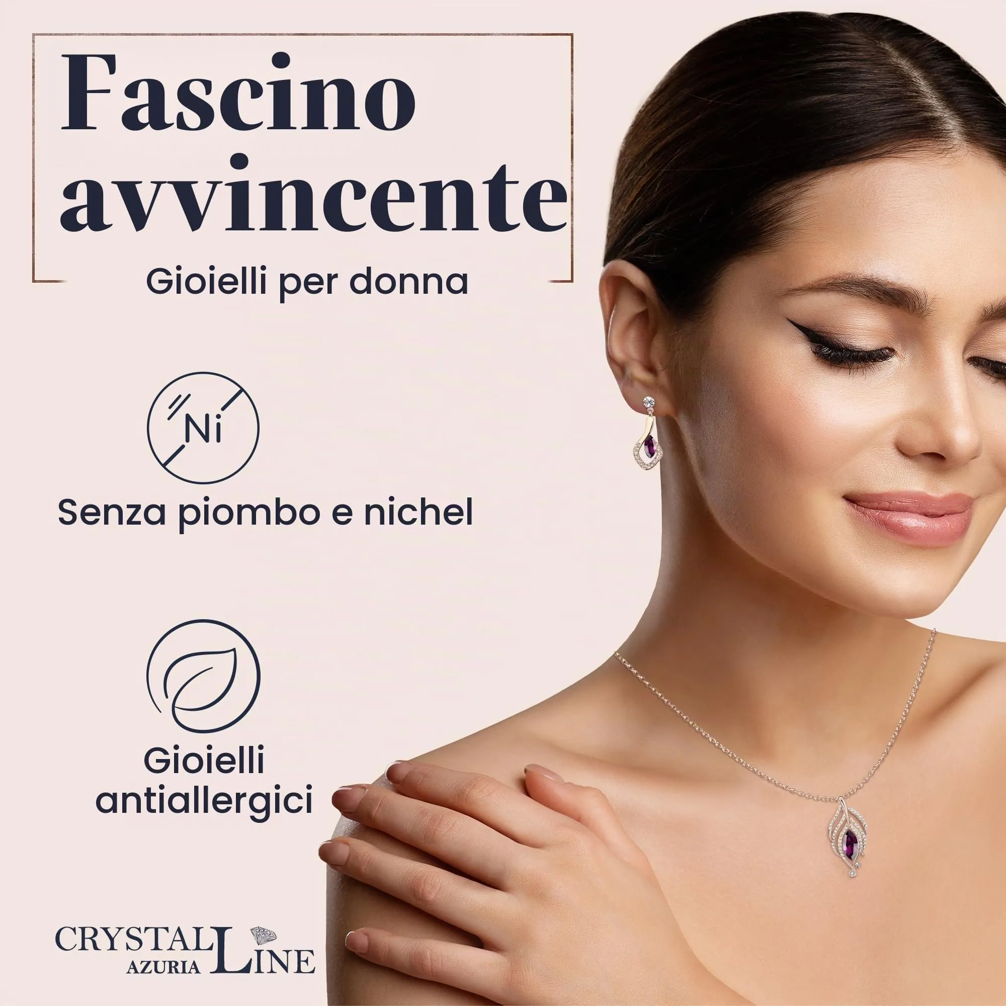 Crystalline Azuria Donna Parure Collana con Ciondolo 45 cm e Orecchini, 18ct Placcato Oro Rosa, Cristalli Ametista simulato - immagine 3