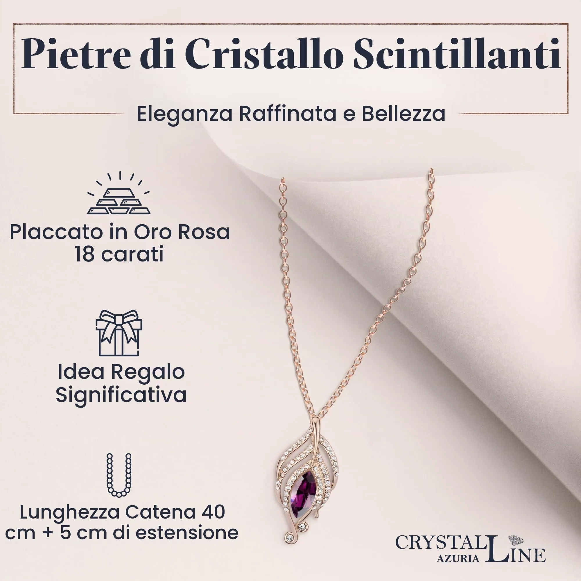 Crystalline Azuria Donna Parure Collana con Ciondolo 45 cm e Orecchini, 18ct Placcato Oro Rosa, Cristalli Ametista simulato - immagine 4
